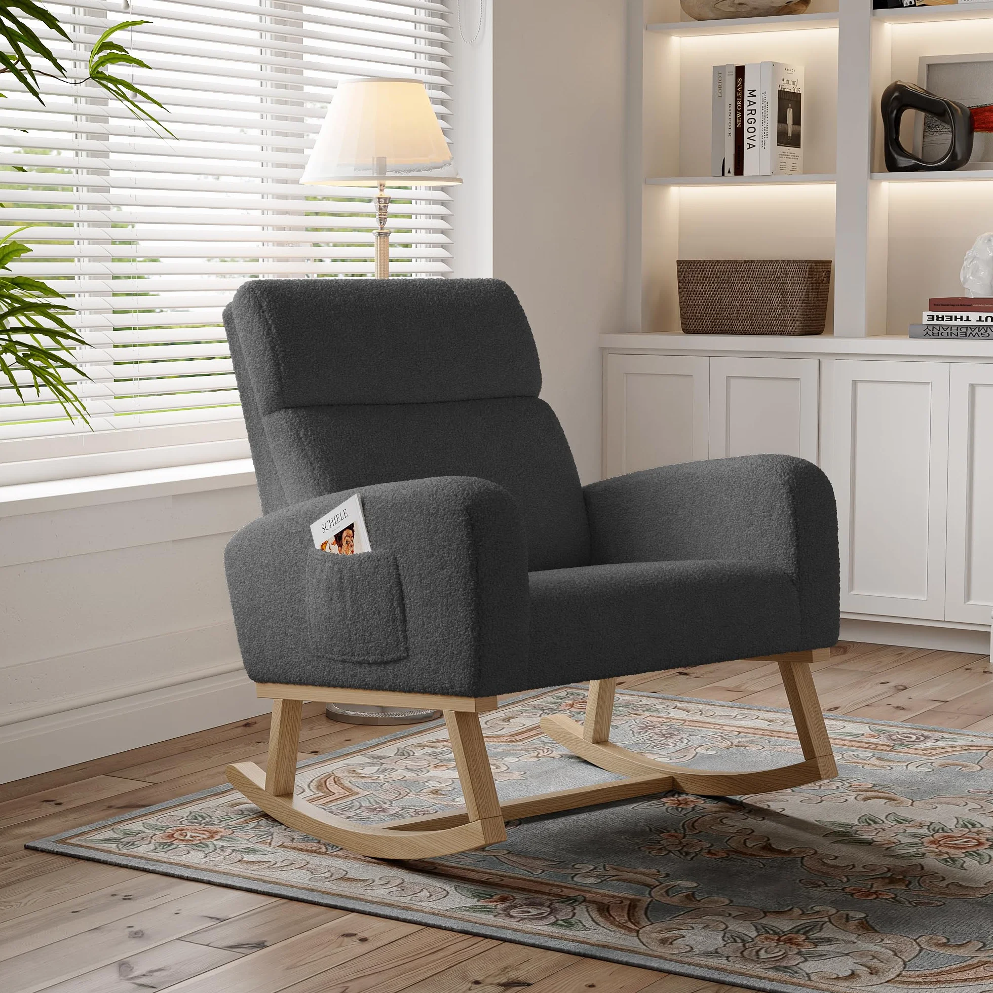 Sedia a Dondolo, Sedia a Dondolo da Interno, Poltrona a Dondolo con Due Tasche Laterali, Poltrona a Dondolo Allattamento con Gambe in Legno Massello, Lino, Grigio scuro