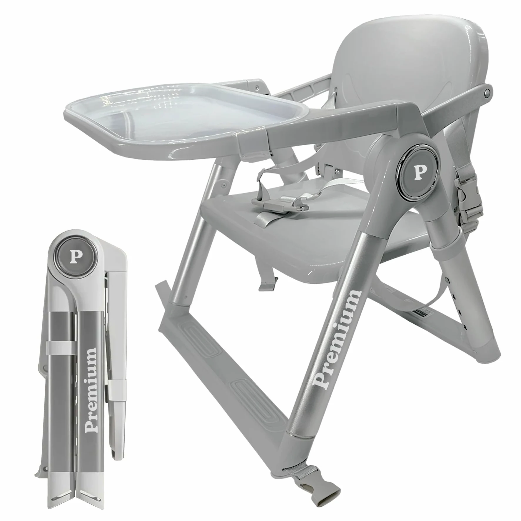 Seggiolone Pappa Bambino Portatile Pieghevole 2 in 1, Rialzo Sedia con Cinghie di Fissaggio, 4 Altezze Regolabili, Vassoio Rimovibile, Borsa da Trasporto, 6-36 Mesi fino a 15 kg (Grigio + Argento)