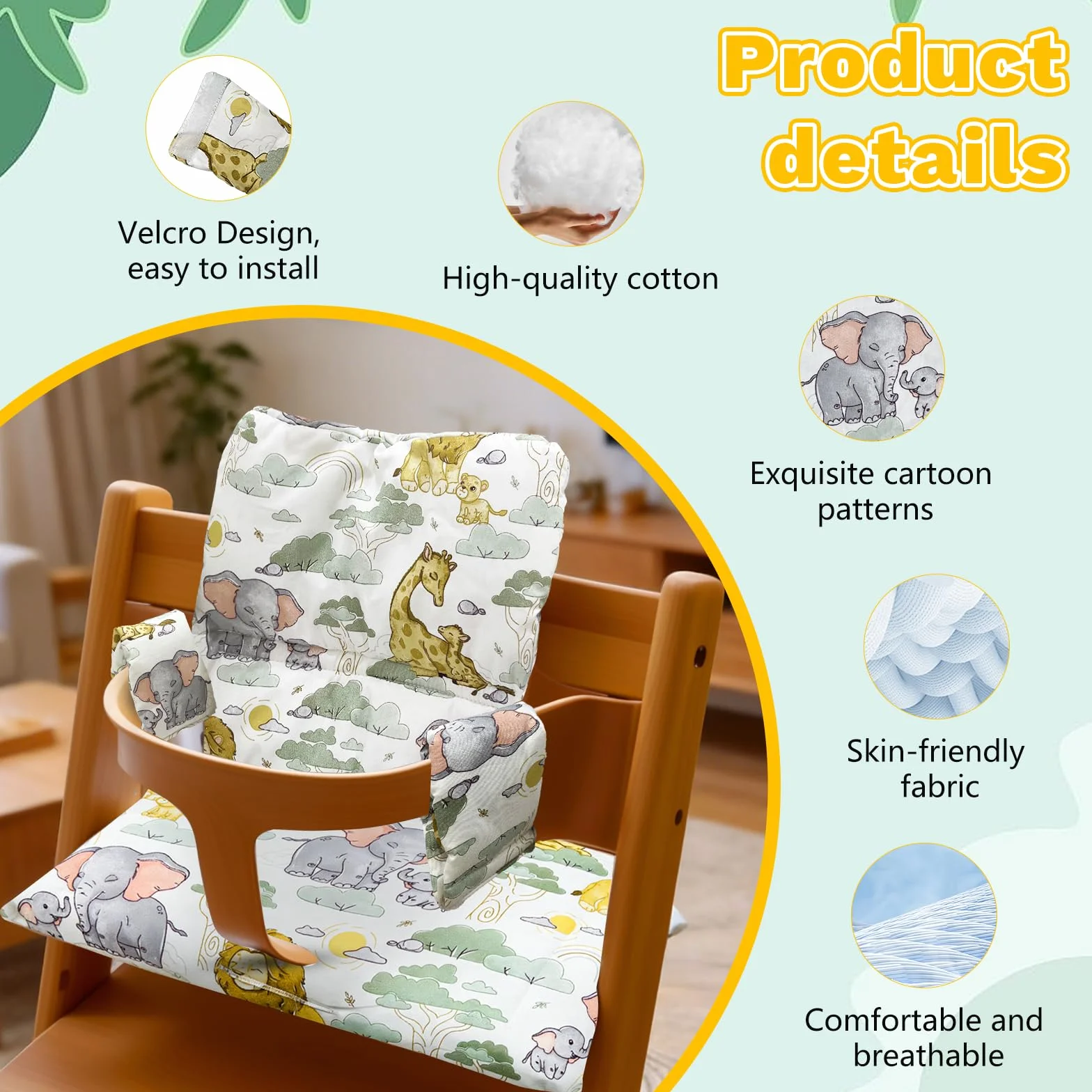Cuscini per Seggiolone Stokke Tripp Trapp, 2 Pezzi Antiscivolo Cuscino per Seggiolone Pappa Impermeabile Cuscino Sedia Bambini Modelli Animali Cotone PP ad Alta Resilienza
