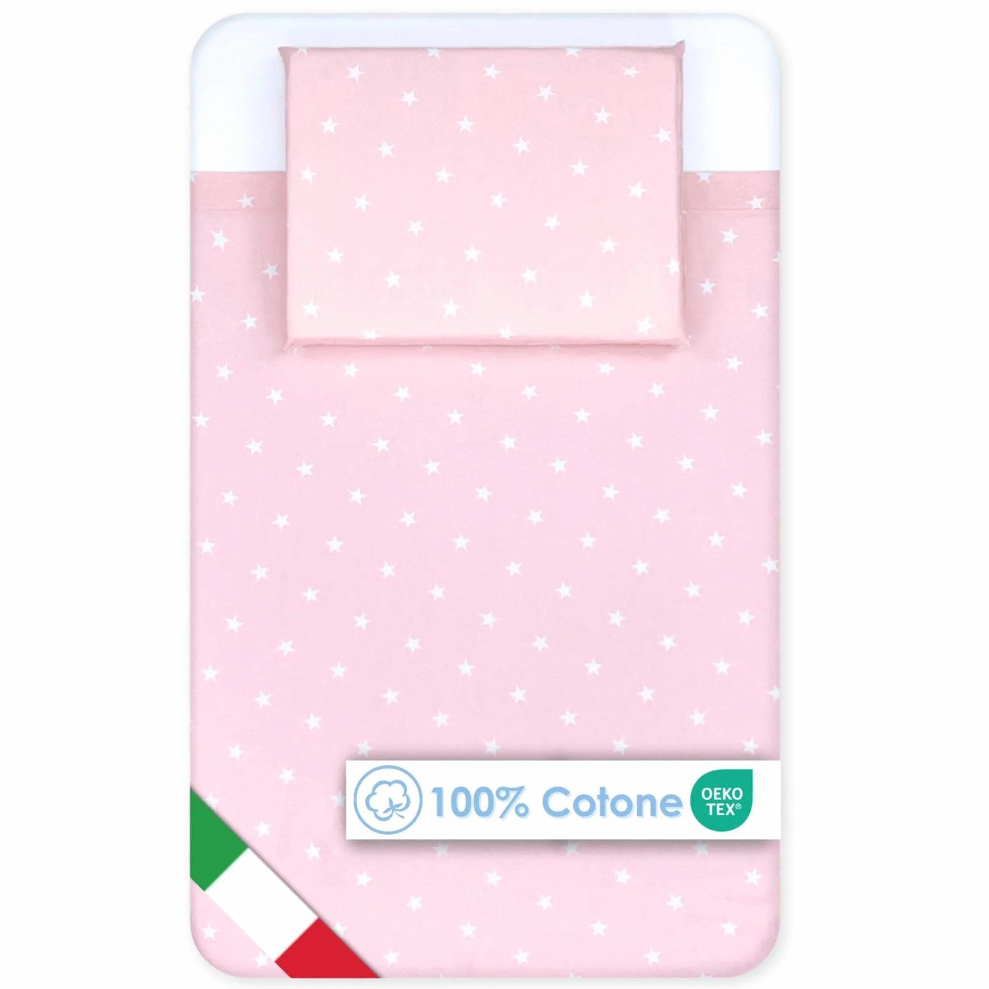 baby idea Lenzuola Next To Me 3 Pezzi Compatibili Culla Neonato 83x50 Lenzuola culla Fantasia + Sotto con Angoli + Federa Cuscino 100% Cotone Certificato Oeko Tex Made in Italy (Stellina Rosa 3 Pz)