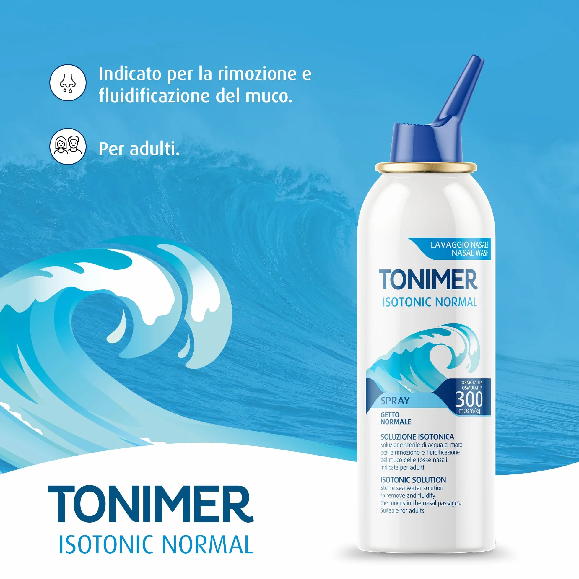 Tonimer Isotonic 300 Normal - 100 ml - Soluzione Isotonica Sterile di Acqua di Mare - Rimuove e Fluidifica il Muco - Indicata per Adulti - Senza Conservanti