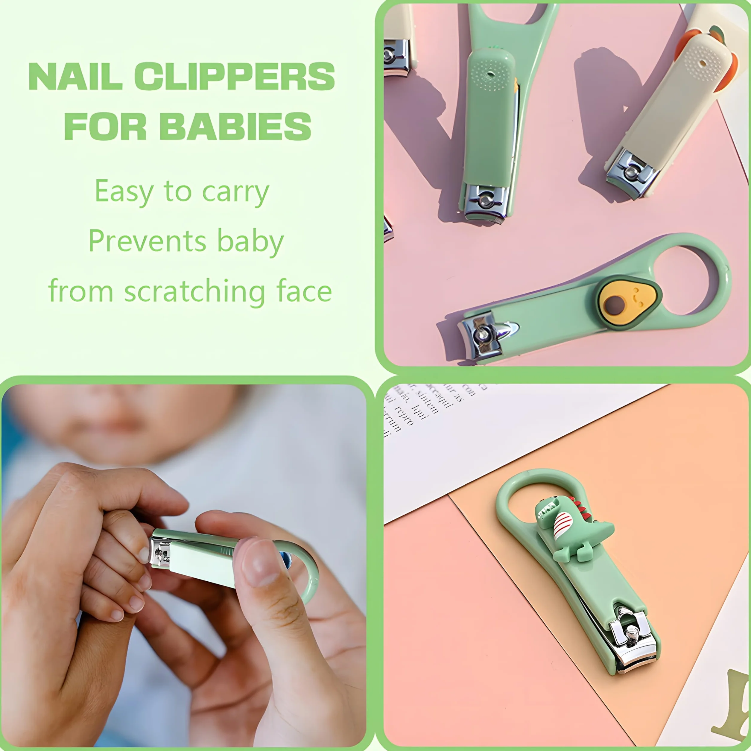Set di 3 tagliaunghie per bambini, in acciaio inox, adatto per neonati, neonati e bambini, tagliaunghie (verde)