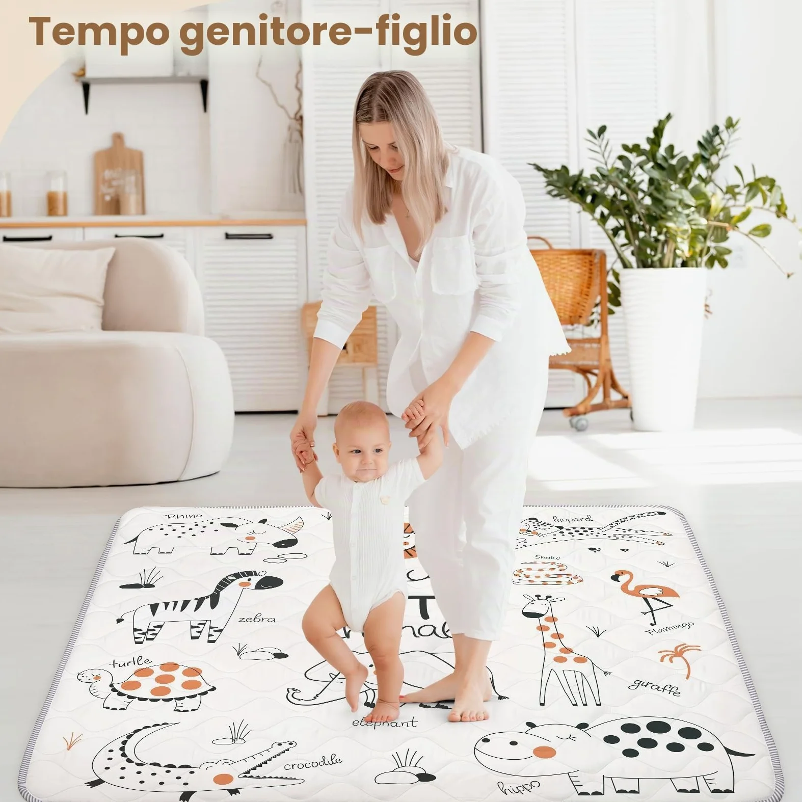 Tappetino per Giochi Bambino 127 * 127cm, Tappeto Attività Morbido con Imbottitura Spessa per Tempo a Pancia in Giù, Base Antiscivolo Sicura per Gattonamento, Animali linea