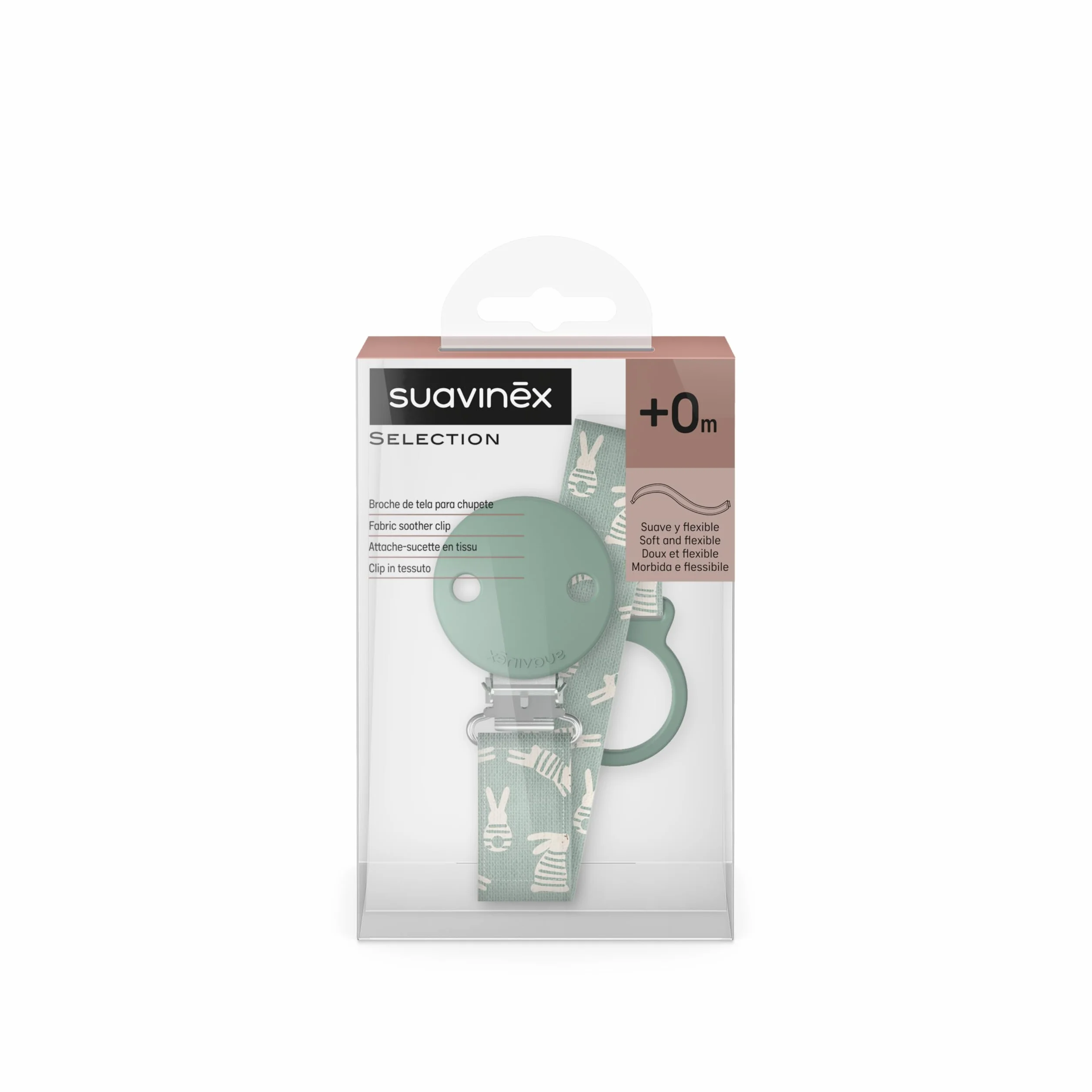 Suavinex, Portaciuccio in tessuto per neonati, Nastro con disegno double-face, Catenella per ciuccio, Clip con fermaglio, per ciucci con anello. +0 mesi, adatto ai neonati, Wonder Coniglietti Verde