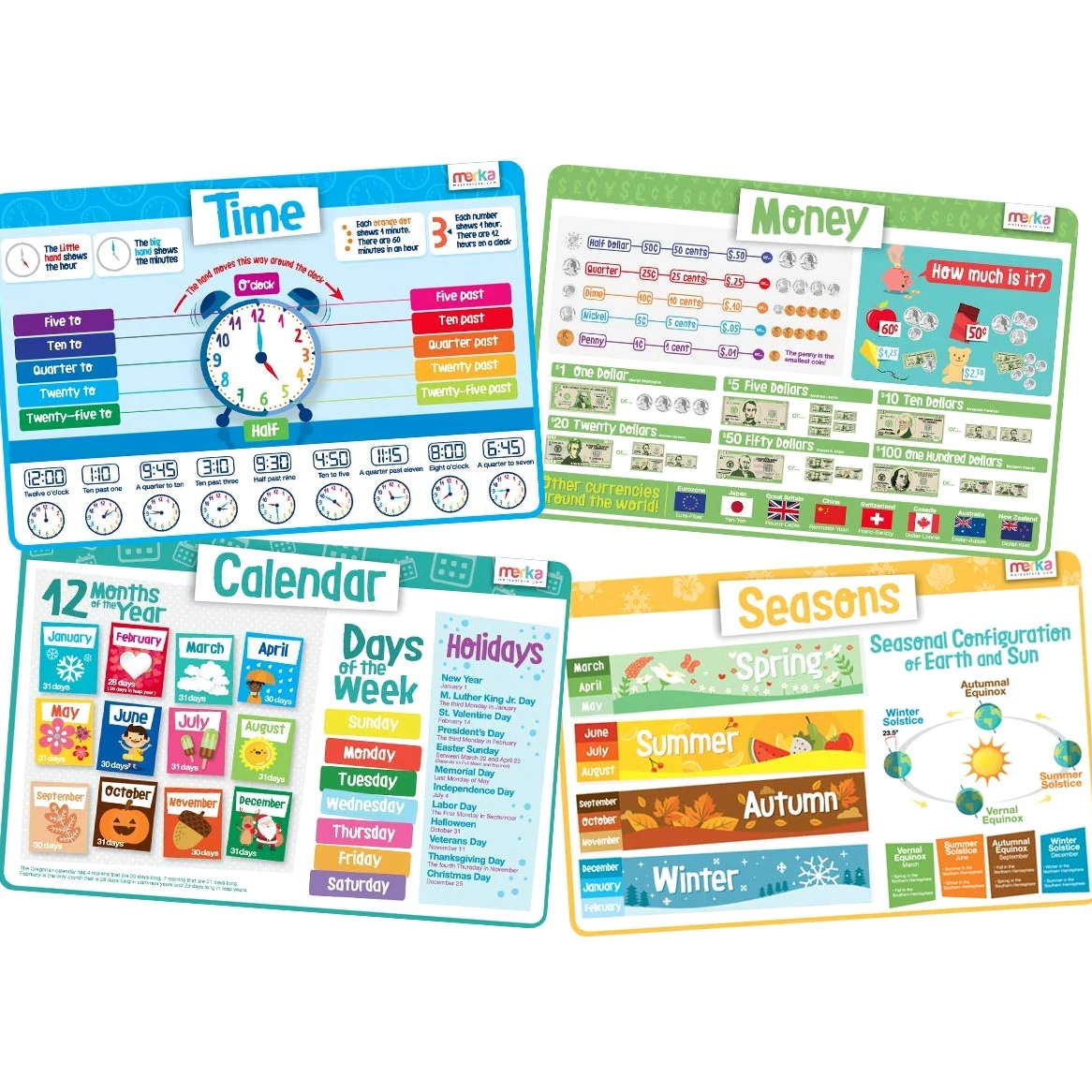 merka Tovagliette educative per bambini, riutilizzabili e antiscivolo in silicone, set di 4 tappetini didattici per tempo, denaro, calendario e stagioni, ideale per bambini e prescolari