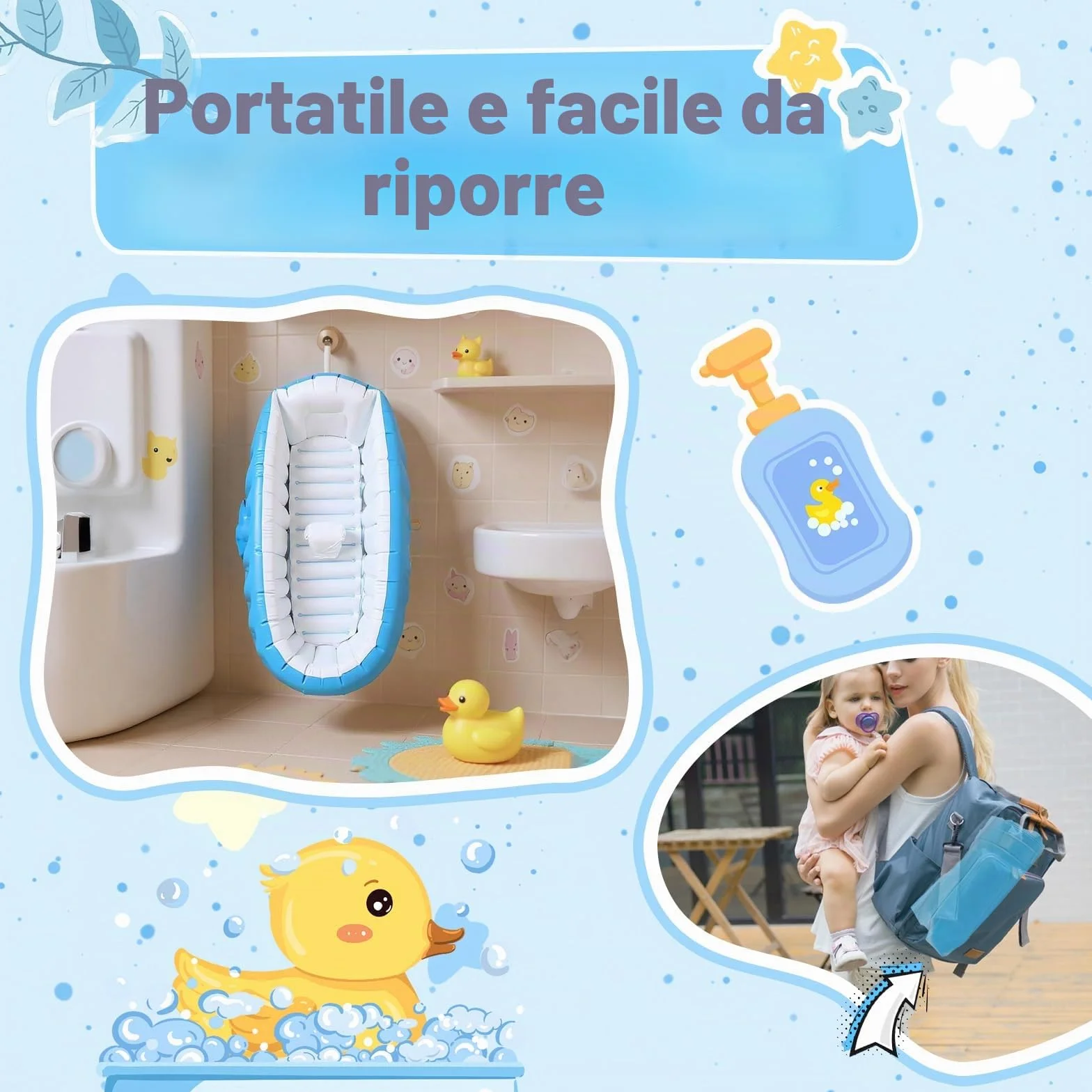 Vasca da Bagno Gonfiabile per Bambini, Vasca da Bagno Portatile da Viaggio con Pompa ad Aria, Vasca da Bagno Pieghevole Antiscivolo Mini Piscina, per Neonati e Bambini Piccoli
