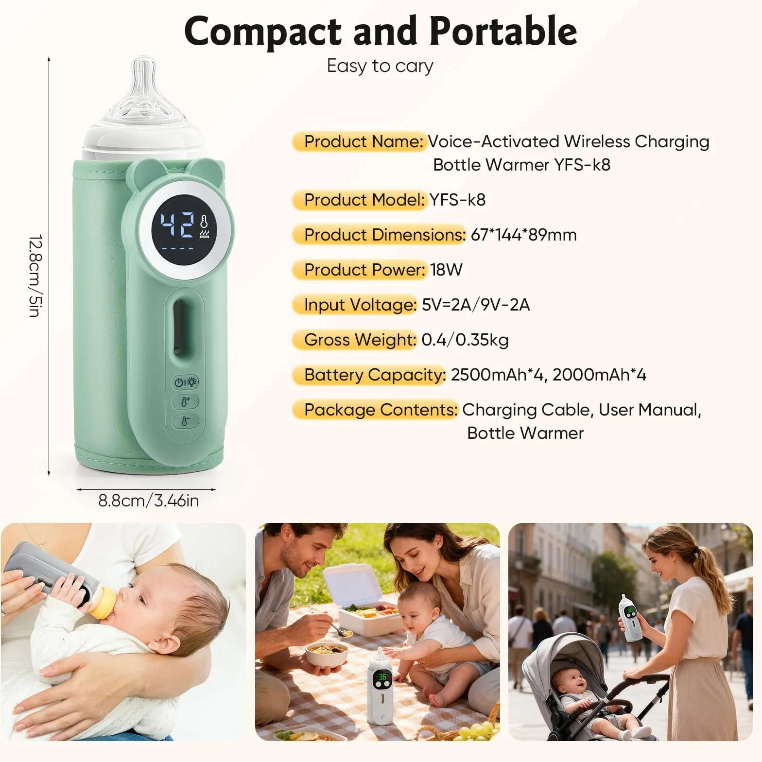 Scaldabiberon portatile in viaggio, controllo della temperatura a 11 livelli e display LED, riscaldamento rapido senza acqua, batteria da 10400 mAh, con luce notturna per viaggi e casa (verde)