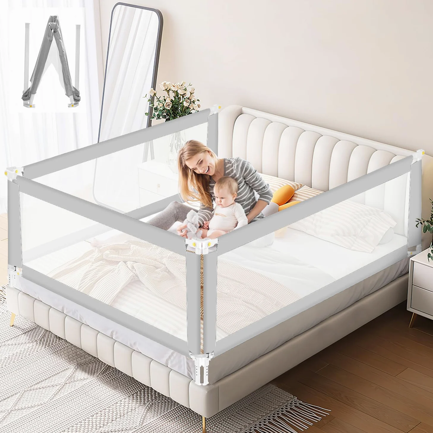 Ikodm Griglia per letto 200 cm x 2 + 150 cm x 1 cm, pieghevole con base a forma di U, griglia di protezione per lettino, altezza regolabile 68-95 cm, per bambini e letti dei genitori, grigio