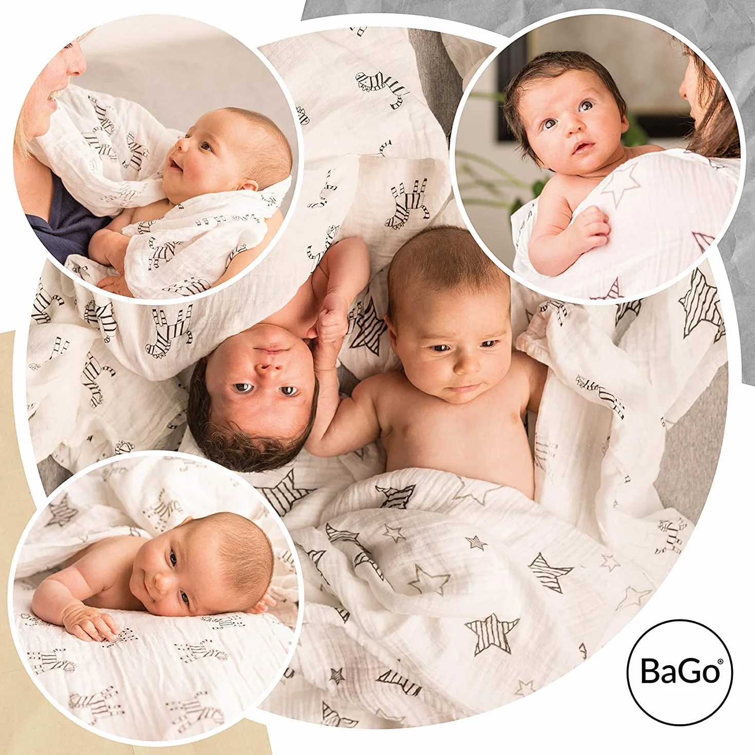 Mussole Neonato Bago® - 100% Cotone Biologico Certificato Gots - 120 X 120 - Mussola Copertina Lenzuola Culla Neonati - 2 Fantasie - Sacchetto Protettivo Da Trasporto - Regalo Bebe Per Bimba E Bimbo
