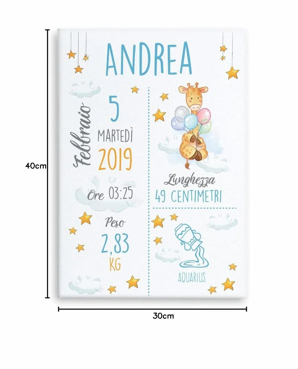 Babloo Quadro in Tela Quadretto Nascita Personalizzato Idea Regalo Bimbo Neonato Grafica Giraffa 30X40cm (Azzurro)