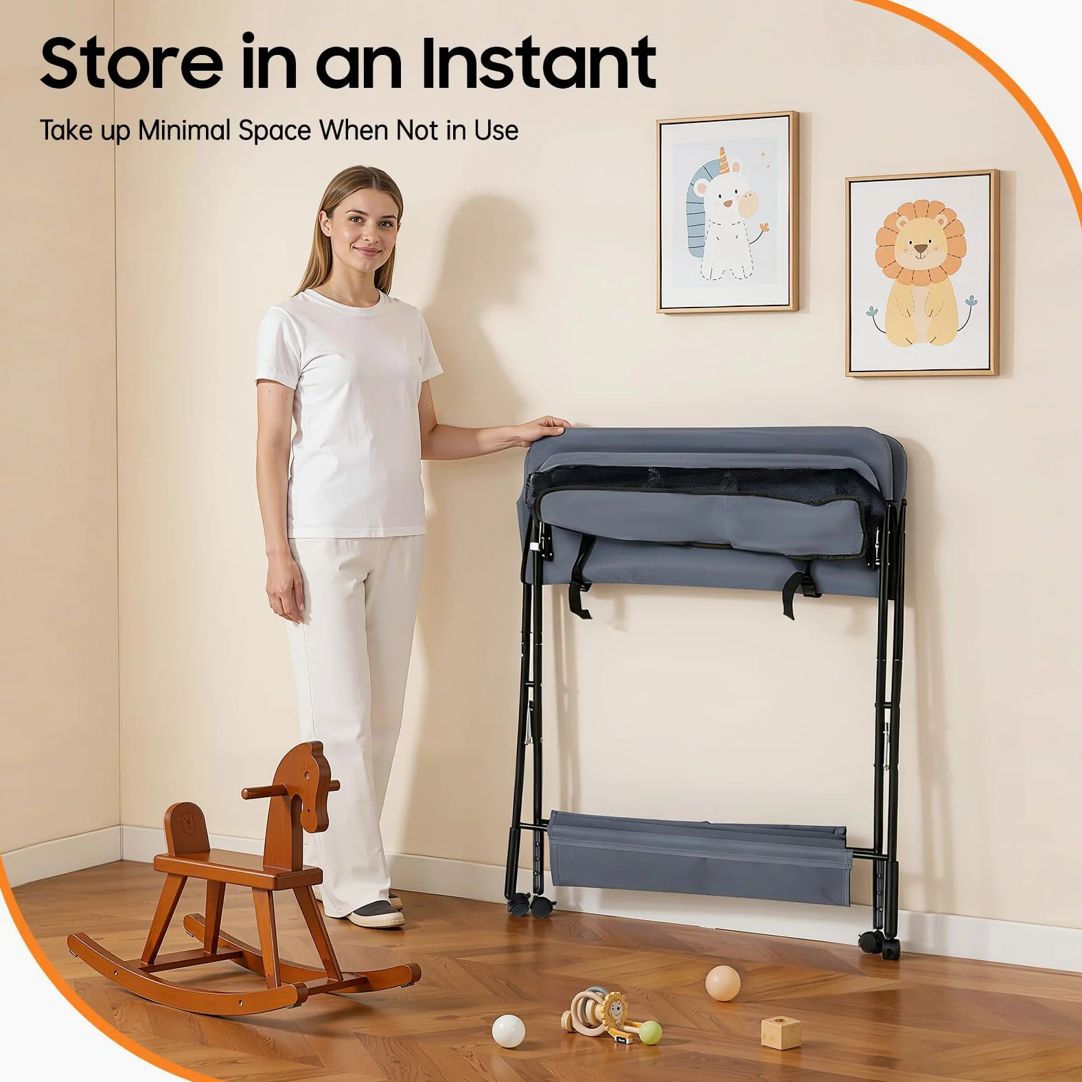 Fasciatoio pieghevole e portatile 3 in 1, fino a 25 kg, fasciatoio per neonati, con cestino portaoggetti, cintura di sicurezza e 4 ruote con freno, regolabile in altezza, grigio
