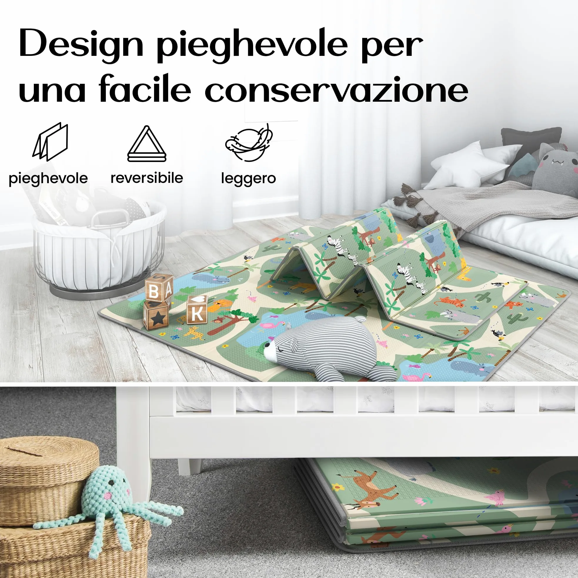 Tappeto Gioco Bambini Pieghevole – Tappeto Gioco Neonato, Tappeto Neonato Gattonamento, Tappeto Tummy Time Neonati, Tappetone Neonato Morbido, Tappeto Gomma Bambini, 180x200cm - Safari