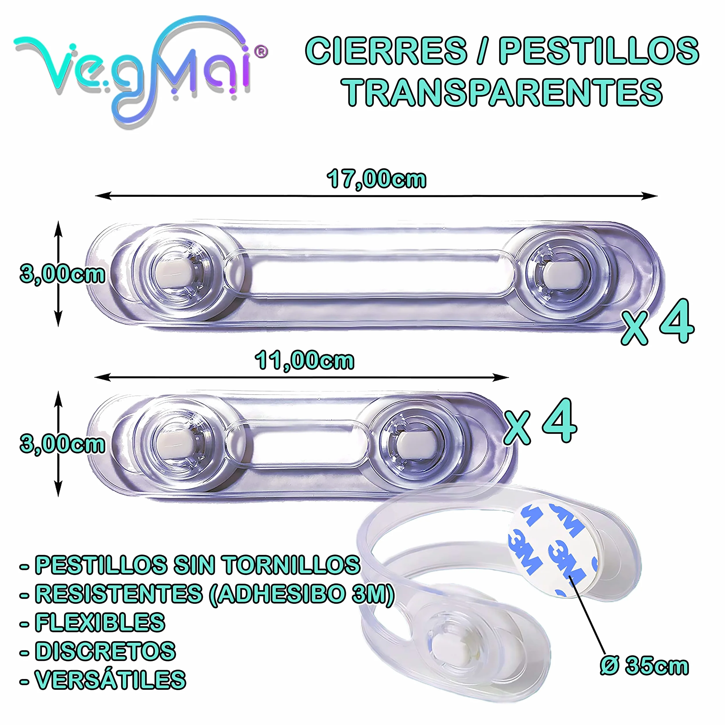 [8 unità] Serrature trasparenti di sicurezza per neonati, blocco con adesivo 3M, chiusure per armadi, cassetti, WC, cucine, porte, finestre, frigoriferi [pestelli trasparenti]