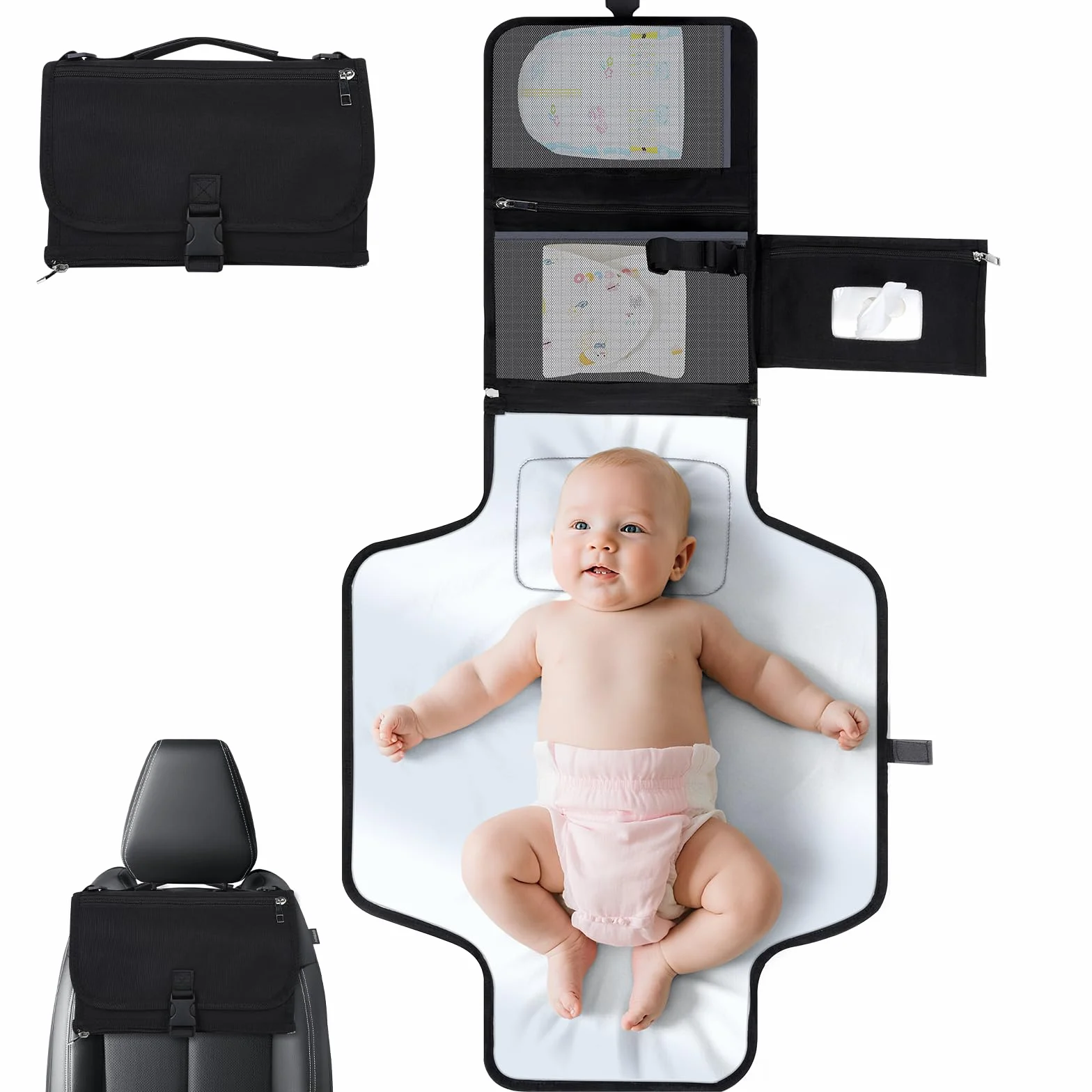 VINATO Fasciatoio Portatile Neonato, Fasciatoio Pieghevole con Tasca Salviettine Umidificate, 70x56 cm, con 5 Tasche, Impermeabile e Lavabile per Viaggio