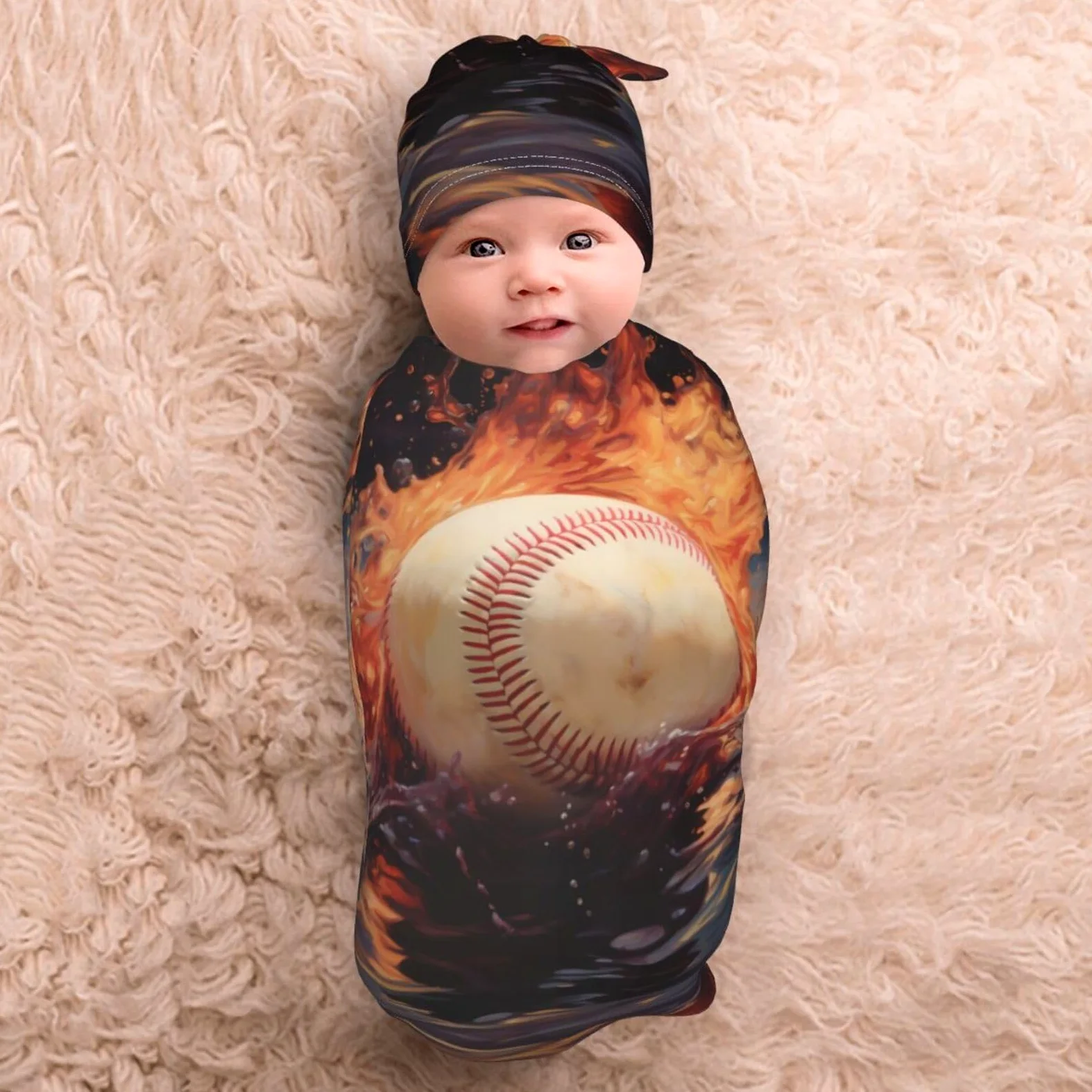 3d Baseball Bianco In Fuoco E Acqua Swaddle Coperta E Cappello Set Per Neonati Avvolgere Accogliente Per Neonati Bambino Comfort 29x53 cm