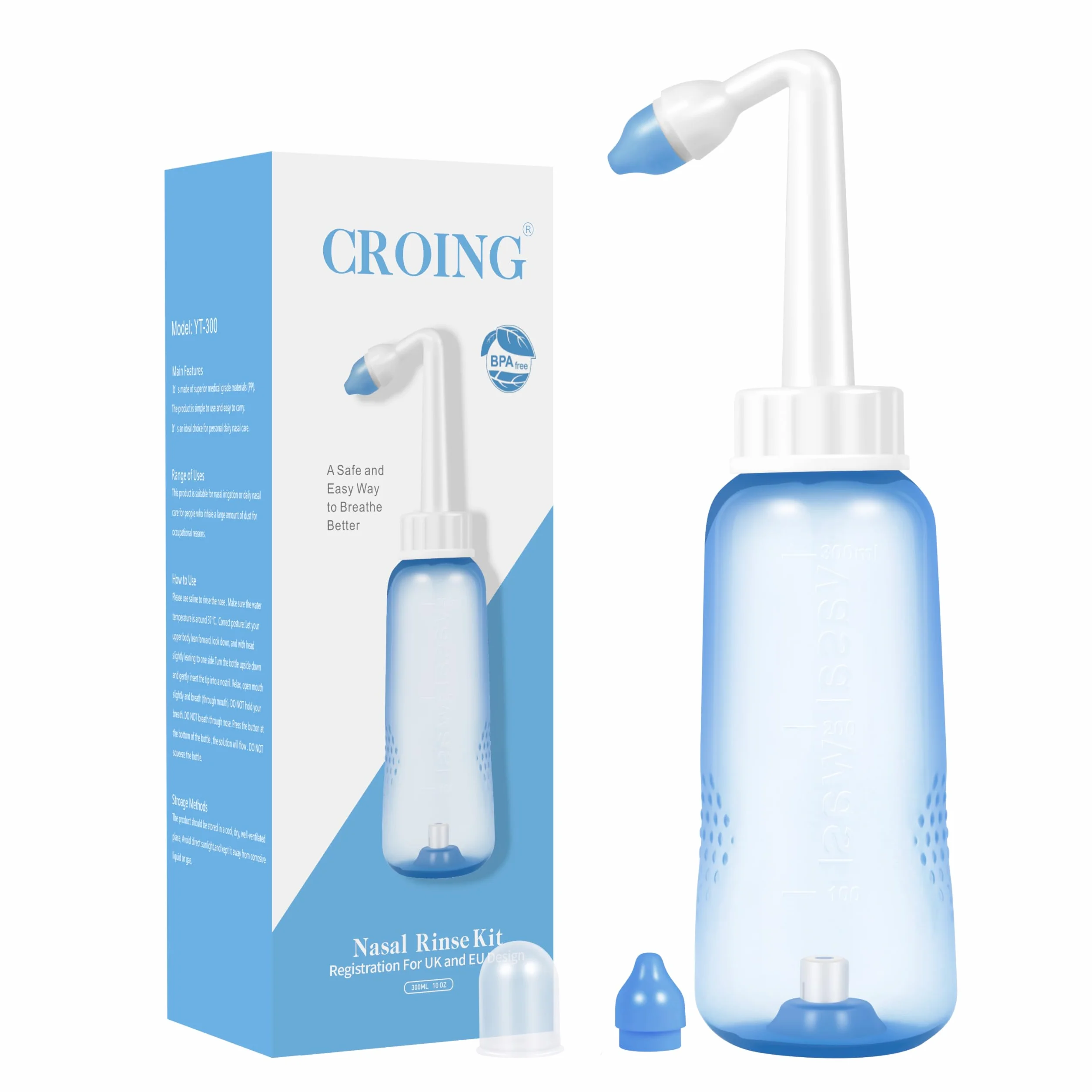 CROING (300ml bottiglia) Irrigatore Nasale per Lavaggi Nasali Neti lota per Irrigazione Nasale con due Beccucci