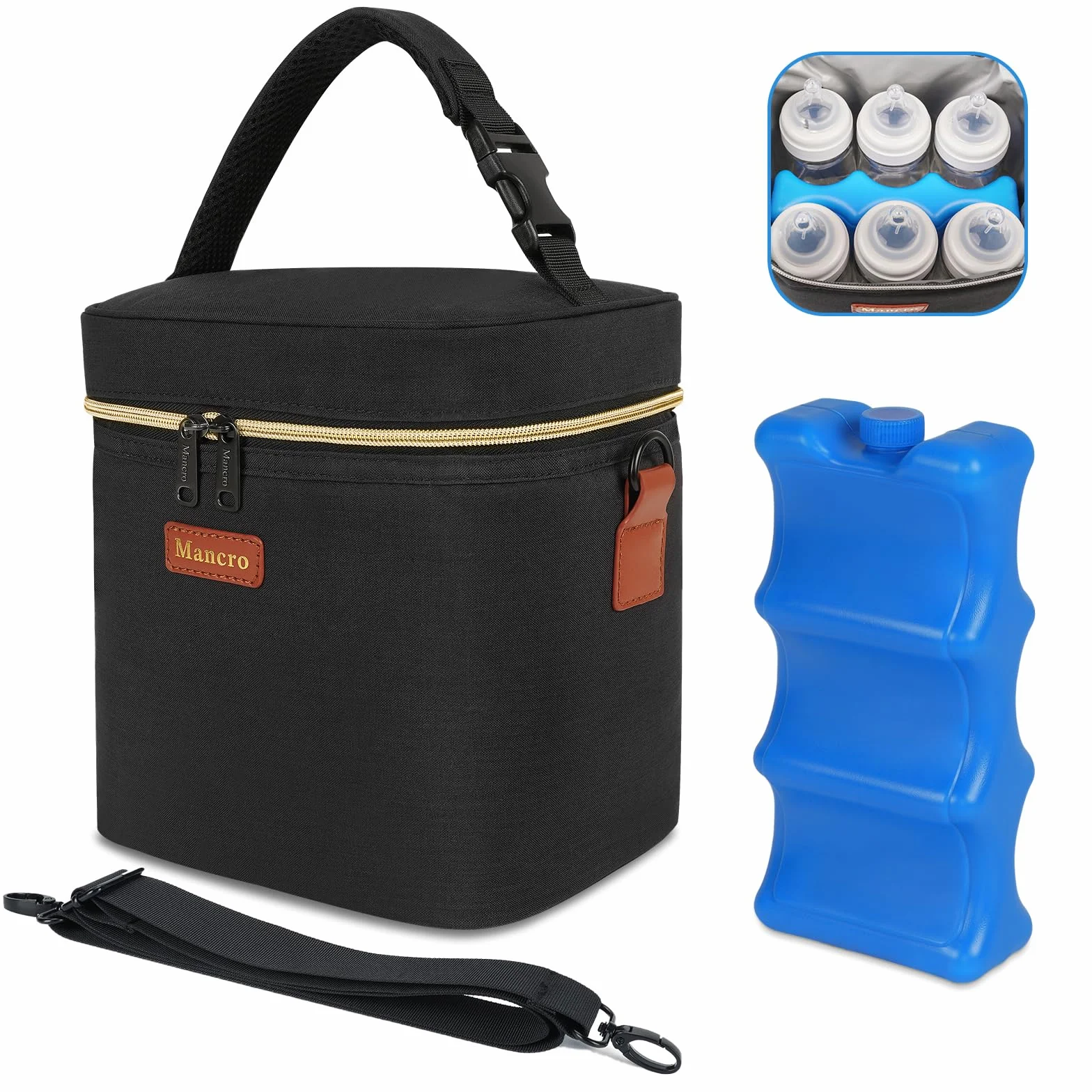 Mancro Borsa Termica Biberon per Latte Materno con Mattonelle Ghiaccio e Tracolla, Borsa Isotermica per Bottiglie Adatto a 6 Biberon, Piccola Borsa Termica Porta Pranzo per Picnic Frutta Mamma, Nero