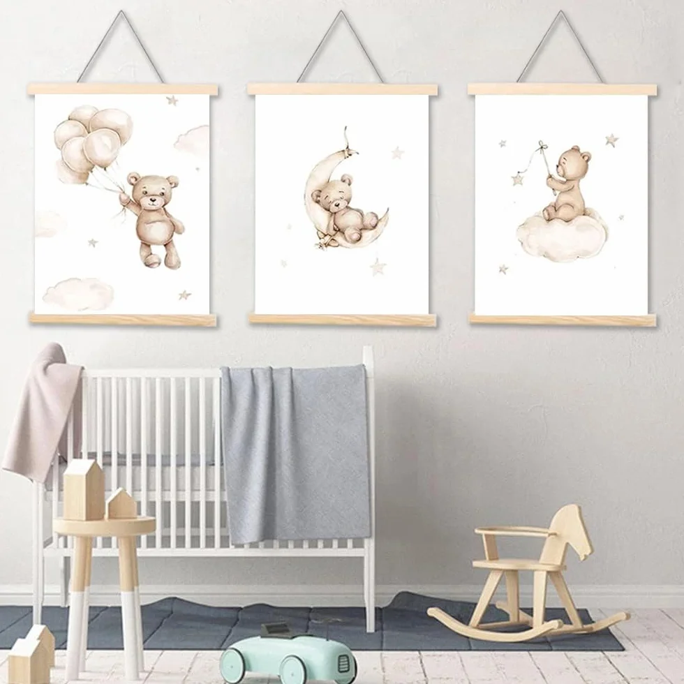 Youihom 3 Stampe per Cameretta Neonato Orso Beige Quadro Camera da Letto Bambini Palloncino Nuvola Luna 30x40 Quadretti Cameretta Ragazzo Stella Poster Tela senza Cornice