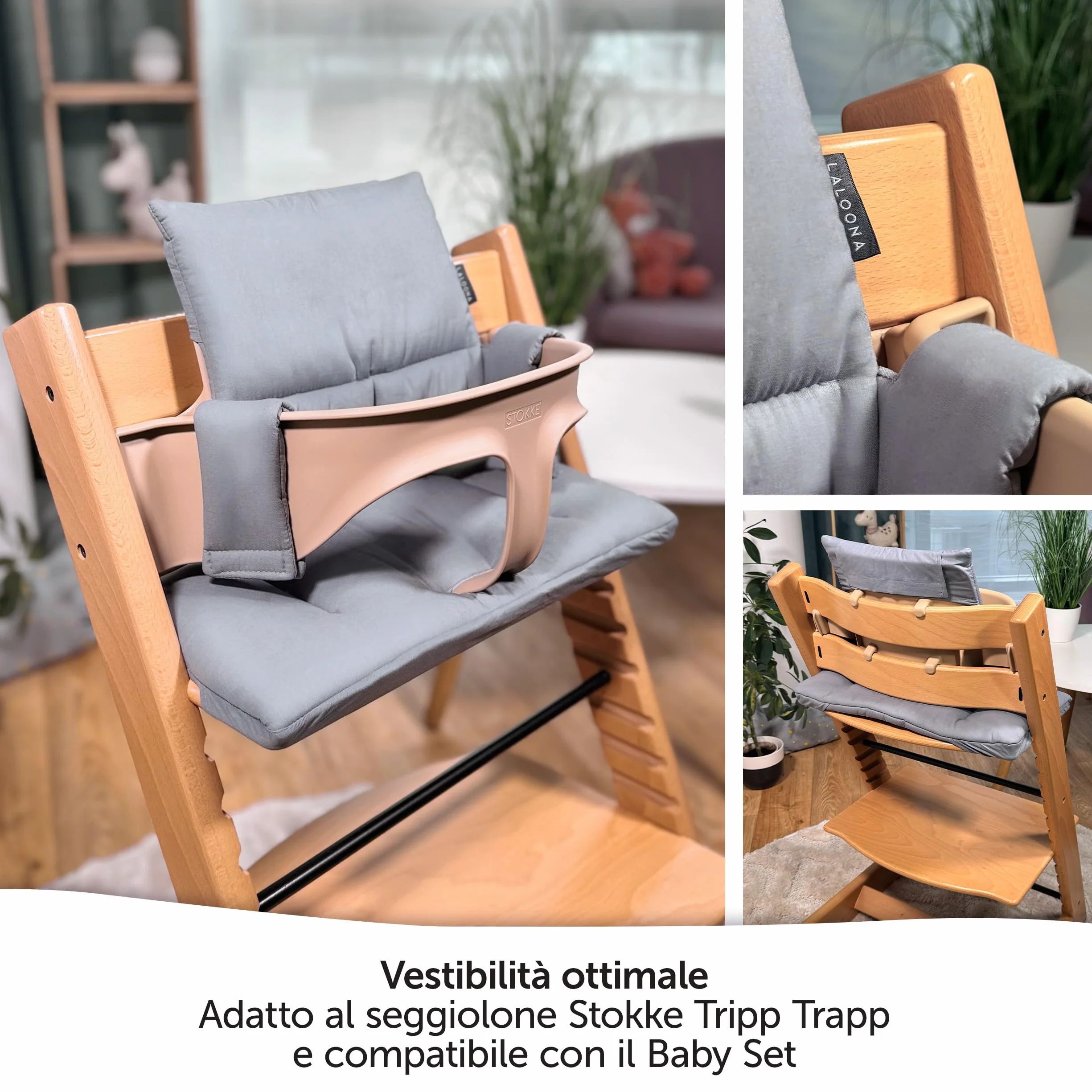 LaLoona Cuscino Seduta per Seggiolone Stokke Tripp Trapp - Cuscino Per Stokke Seggiolone Pappa 2 Pezzi, OEKO-TEX Standard 100, Lavabile in Lavatrice - (Grigio, Rivestito)