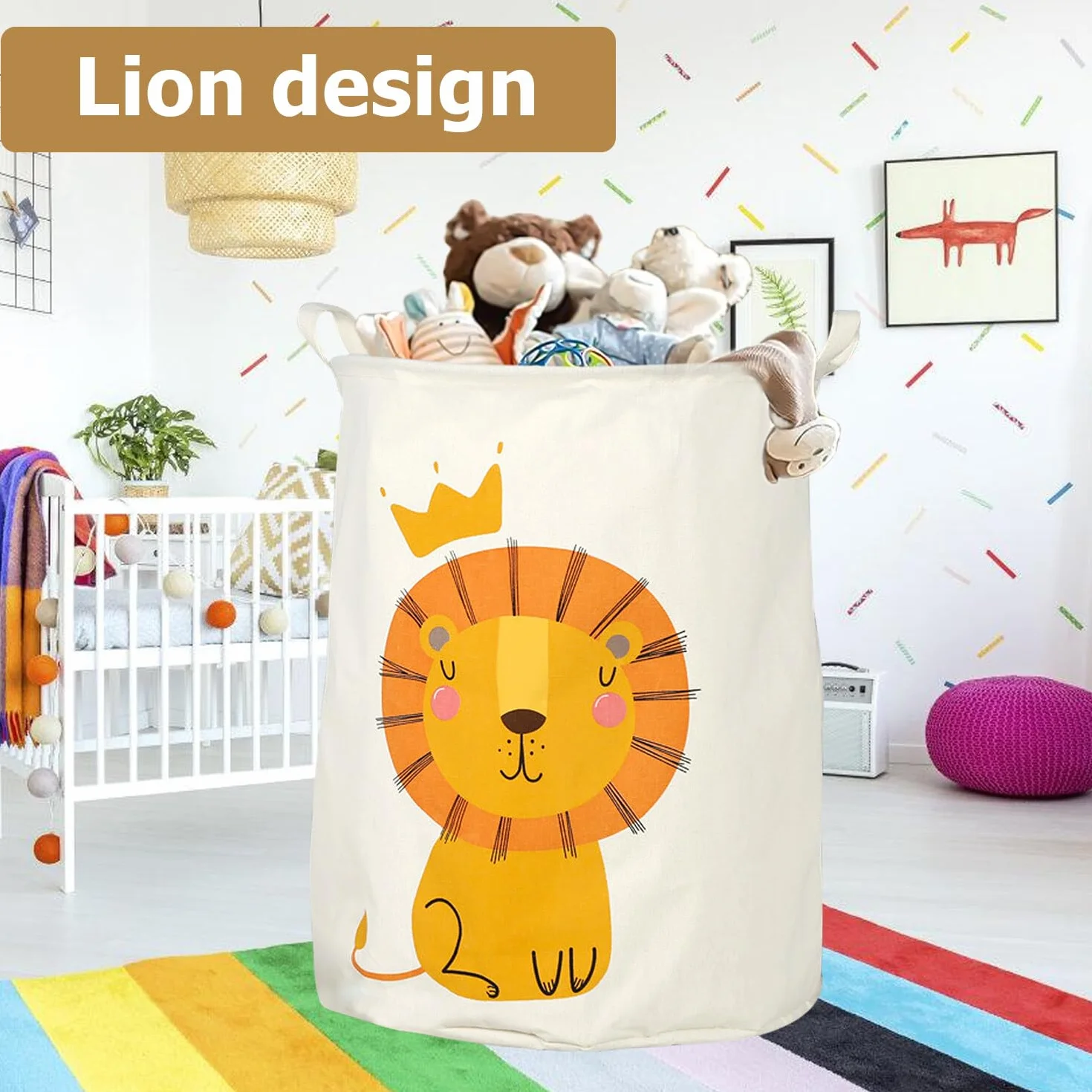 Cesto portabiancheria pieghevole da 60 l, cesto portabiancheria per bambini, con motivo leone, cesto portabiancheria, impermeabile, per vestiti per bambini, 40 cm di larghezza x 50 cm di altezza