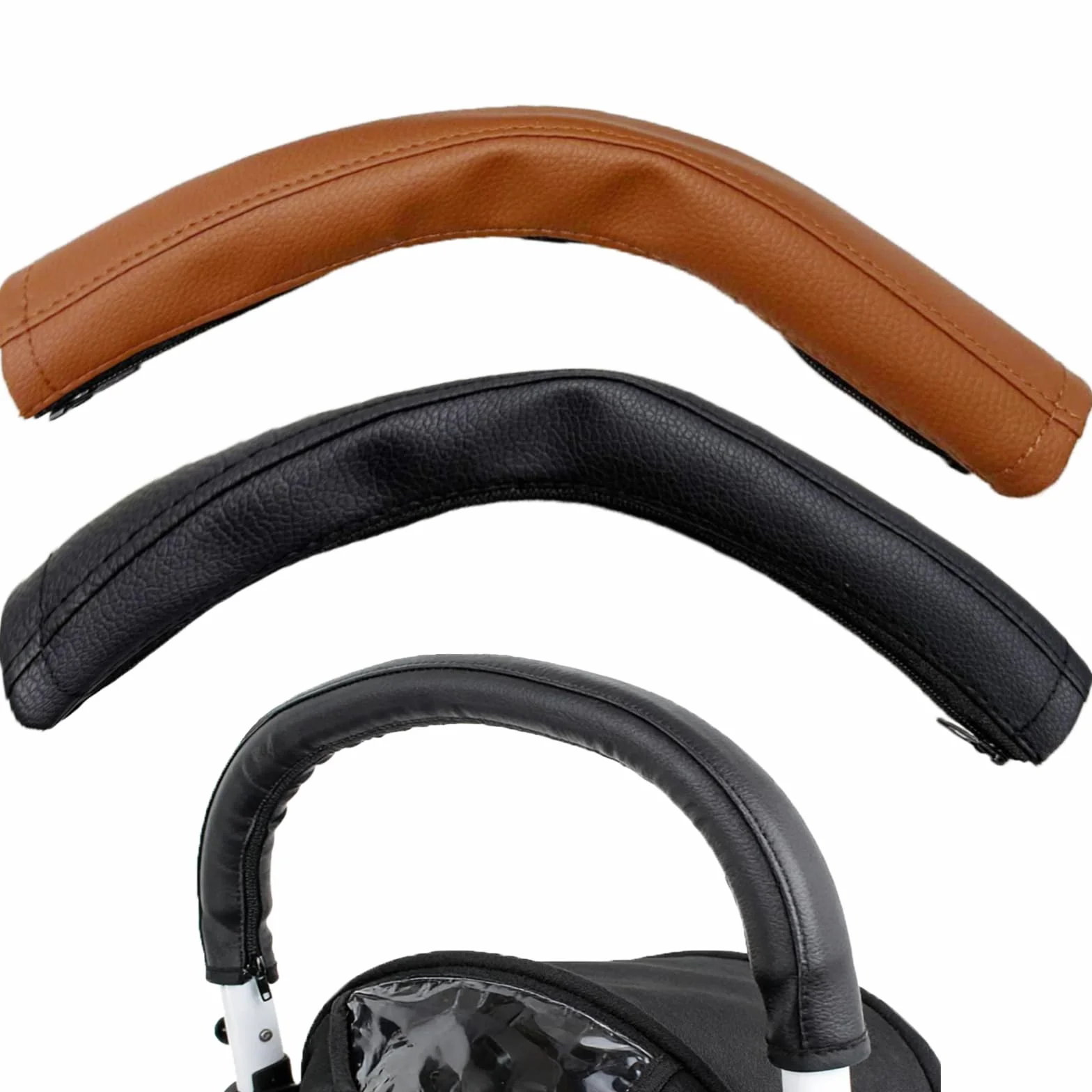 2PCS Copri Maniglia Passeggino Marrone, Copri Maniglie per Carrozzina in Pelle di Pu, Protezione Della Maniglia Per Carrozzina,Impermeabile,Impugnatura Antipolvere Copertura-Marrone+Nero