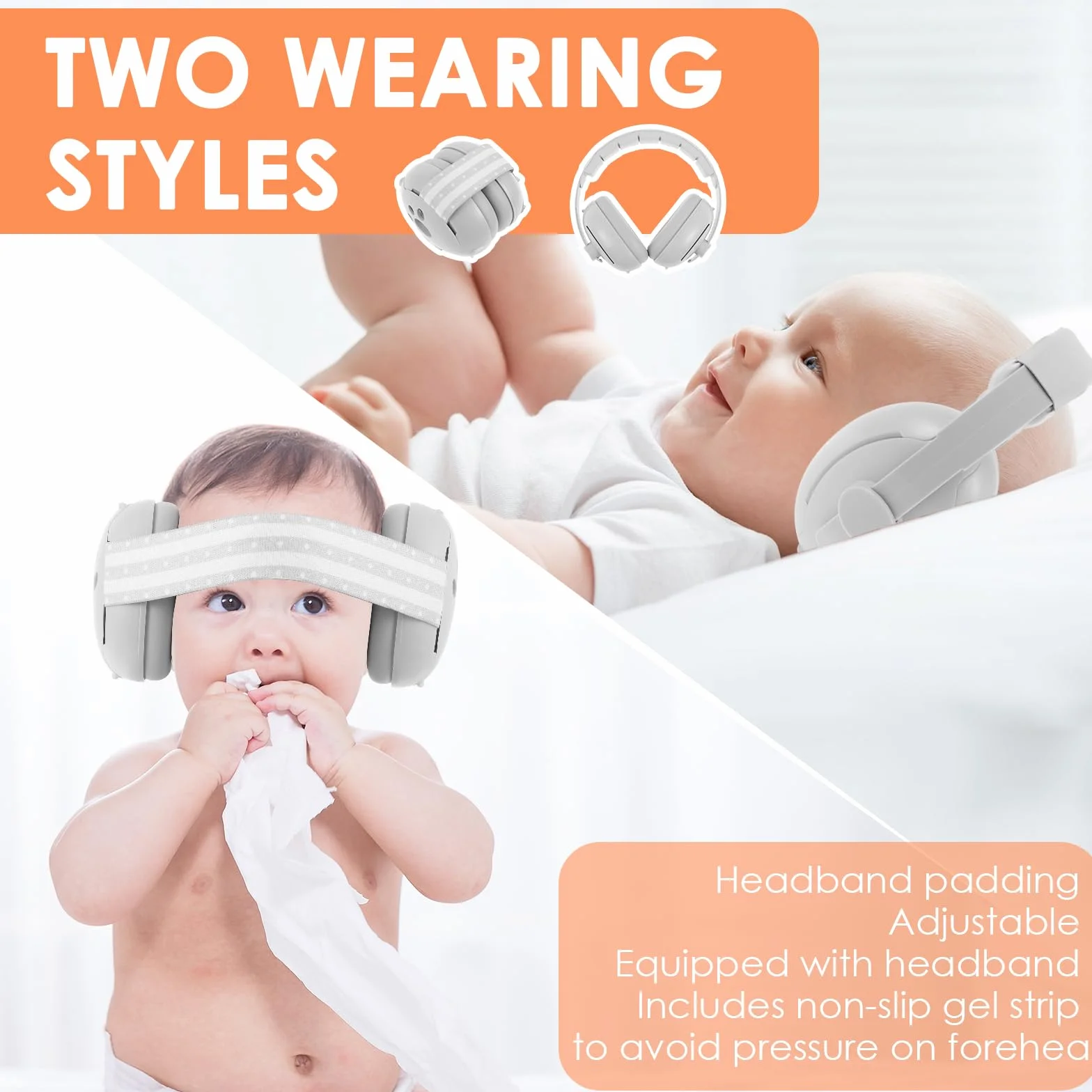 Paraorecchie per bambini, 2 in 1, per neonati, con fascia regolabile e imbottita, paraorecchie per bambini fino a 48 mesi, adatto per dormire, viaggiare in ambienti rumorosi