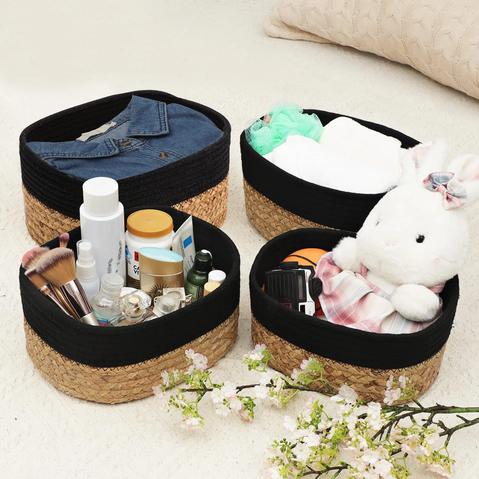 Lannvan Set di 4 Cestini Portaoggetti,Cestino Portaoggetti in Corda di Cotone e Giacinto d'acqua per Bambini Bambina,Impilabile Organizer Fasciatoio,Cesto Portaoggetti Ceste Portaoggetti per Bagno