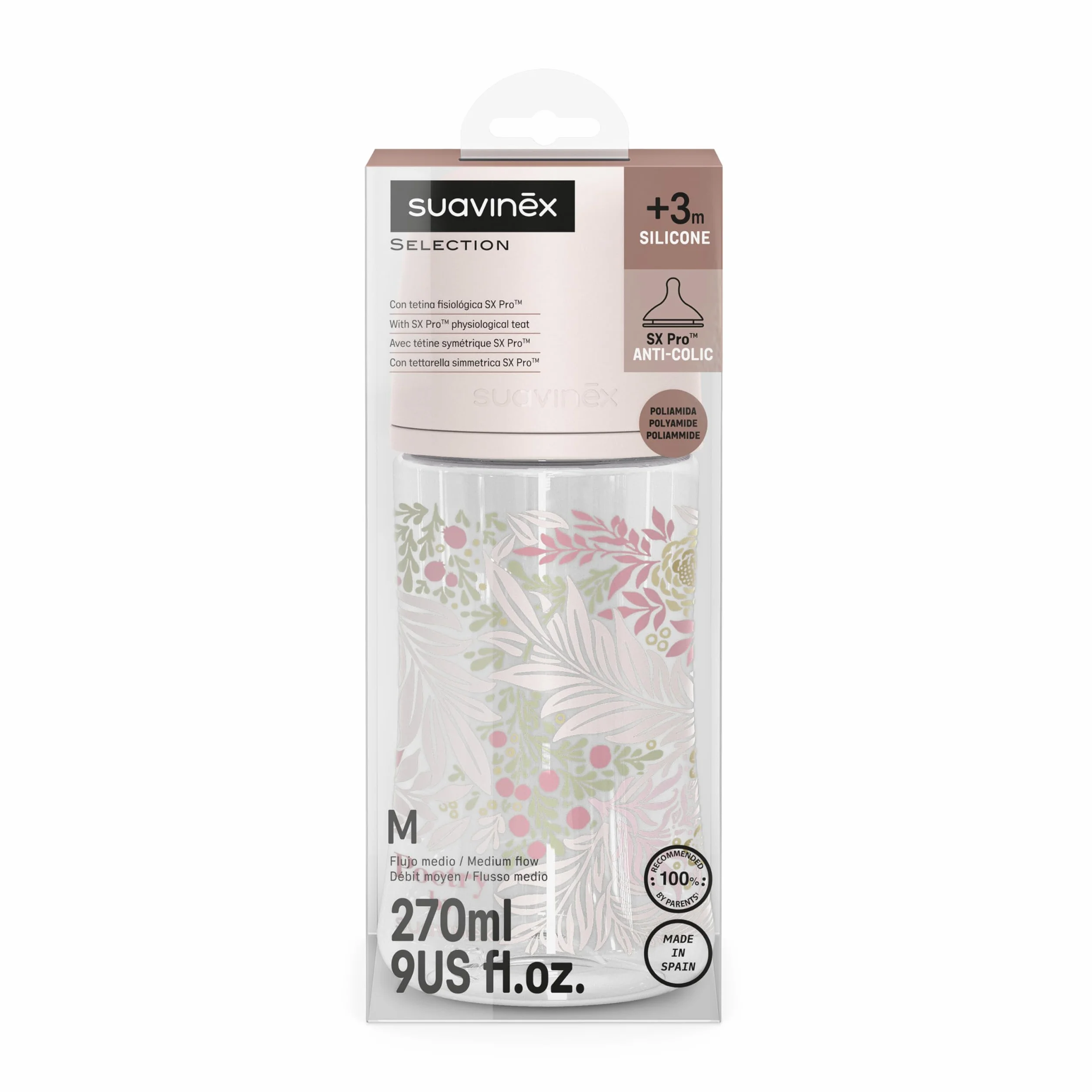 Suavinex, biberon da 270 ml, con tettarella fisiologica SX Pro in silicone, valvola anticolica, flusso medio (M), per liquidi a media densità, latte, succhi o acqua. Neonati +3 mesi. Poetry, Rosa
