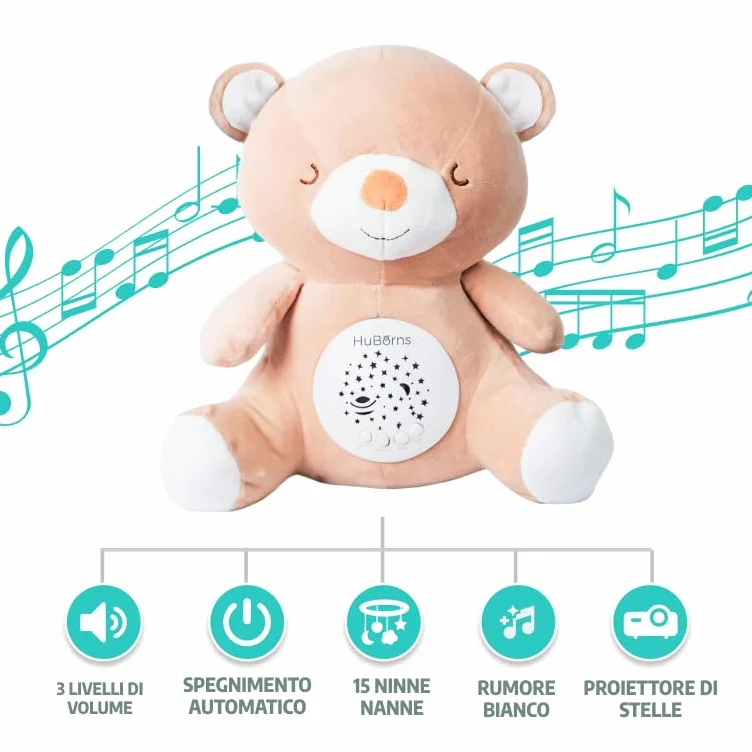 HuBorns - Peluche Musicale per Neonati con Rumori Bianchi, Proiettore Bambini con Luce Notturna per la Nanna, Modalità Rumore Bianco e 15 Canzoni Carillon, Ideale Regalo Neonato (Orso)