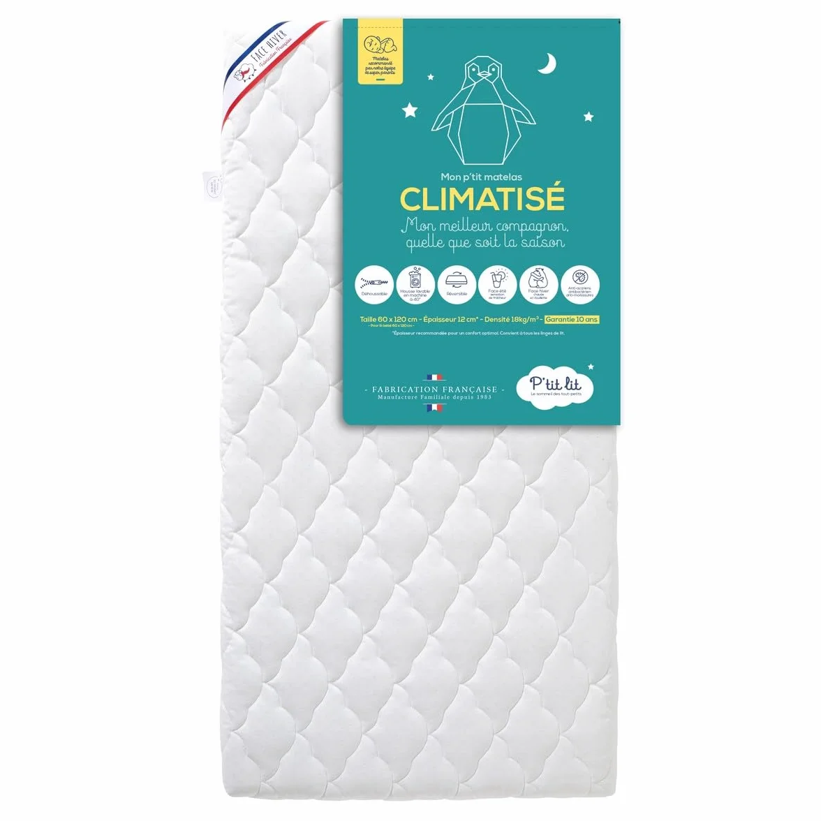 P'tit lit, Materasso Lettino Climatizzato, 60x120 cm, 1 Lato Estivo/ 1 Lato Invernale, Anti Acari, Sfoderabile, Oeko Tex, Fabbricazione europea