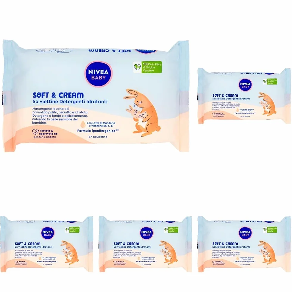 NIVEA BABY Salviettine Detergenti Idratanti Soft & Cream 57 Pezzi, Salviette neonato per una pelle pulita, asciutta e idratata, Salviettine neonato con Latte di Mandorla e Vitamine B5, C & E