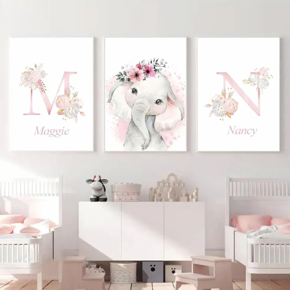 3 Quadri Personalizzati Nome Nascita Stampe Animali Cameretta Bimbo Rosa 30x 40 cm Quadro Cameretta Bambina Decorativi da Parete Bambini Poster Camera Ragazza Ragazzo Regalo Tela senza Cornice
