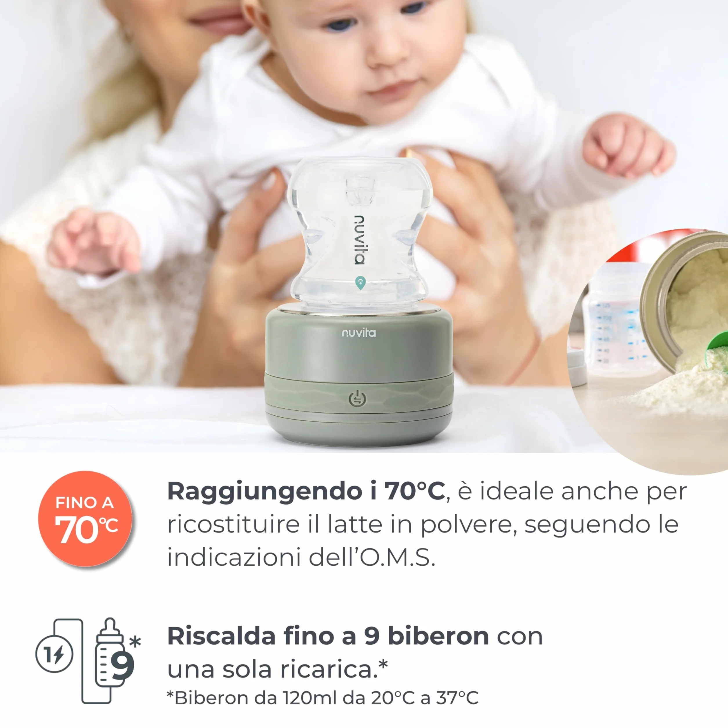 Nuvita 1166 Warm70 Scaldabiberon Portatile Senza Fili 70°C – Ricaricabile USB, Compatibile Universale, 5 Livelli di Temperatura Fino a 70°C, Riscaldamento Rapido 2,5 Min, Mantiene Caldo 6 Ore