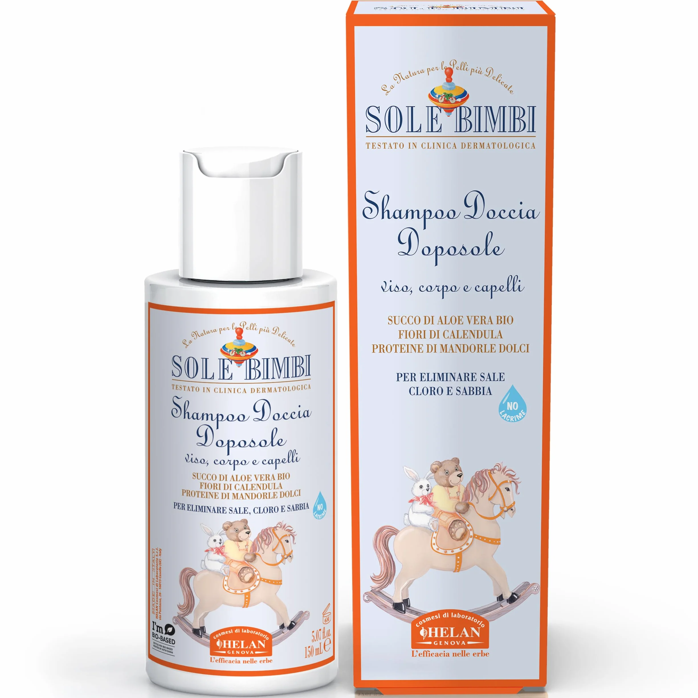 Helan, Sole Bimbi - Shampoo Bagnoschiuma Bambini Doposole Corpo, Viso e Capelli Idratante Calmante, Docciaschiuma Dopo Sole Ristrutturante con Proteine di Mandorle Dolci, Aloe Vera e Calendula, 150 ml