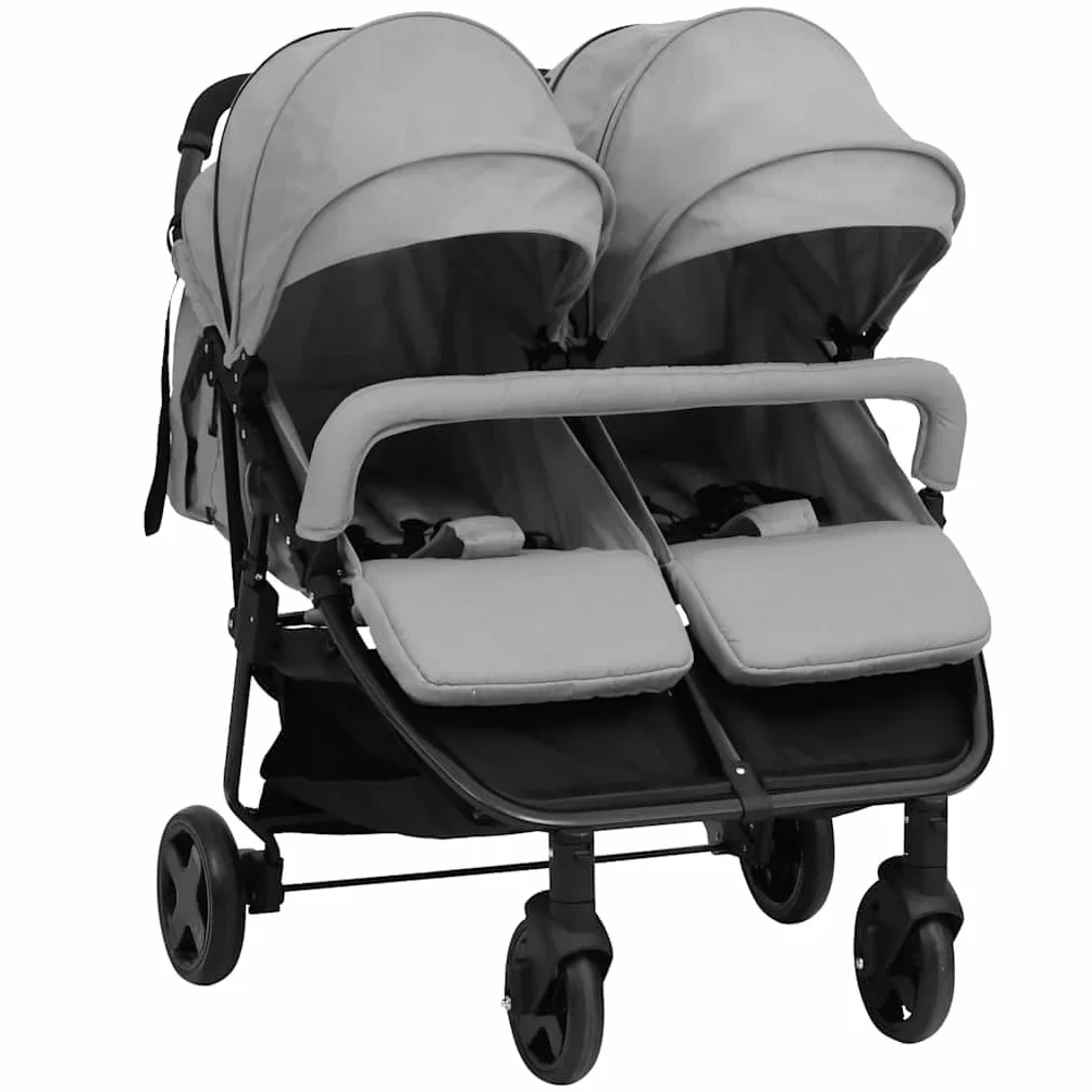vidaXL Passeggino Gemellare Grigio Chiaro e Nero in Acciaio