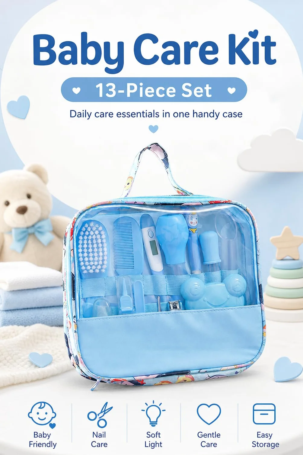 Kit Cura Neonato, Set Igiene Neonato con 13 Accessori Essenziali, Kit Neonato Igiene Nascita con Trousse Toilette Bambino, Kit Bagnetto Neonato, Spazzola, Termometro e Kit Unghie Neonato, Blu