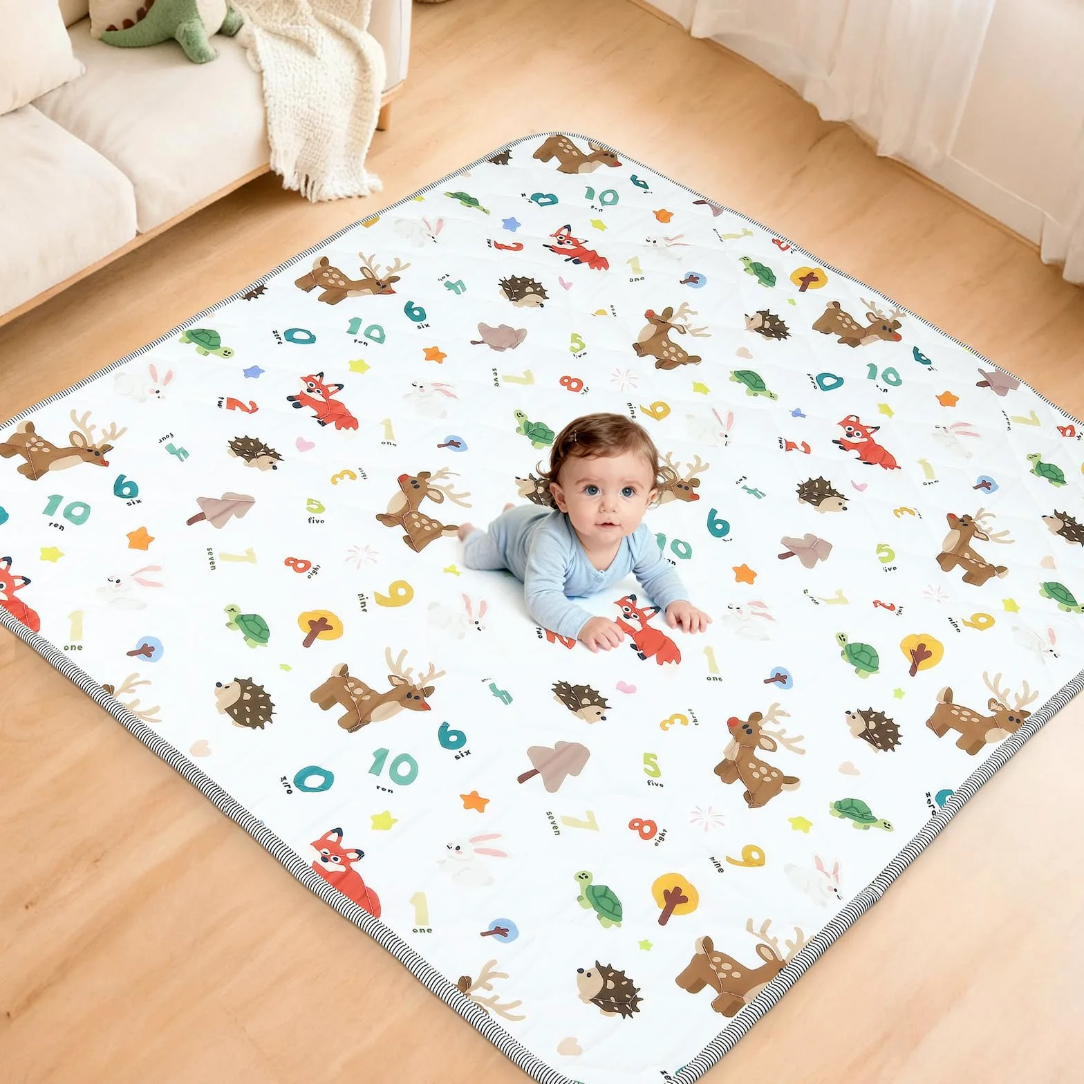 eSynic Tappetino da Gioco Pieghevole per Bambini 150x150cm, Antiscivolo a 4 Strati ed Educativo con Design Animali e Numeri, Tappeto Neonato per Gattonamento, Picnic e Recinti, Lavabile in Lavatrice