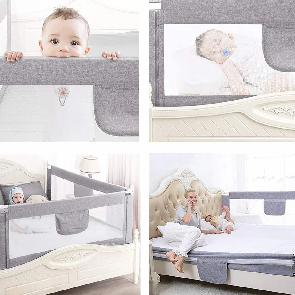 Bed Rail, Barriera del letto per bambini, pieghevole, Barriera di sicurezza per bambini, tessuto a rete/E, 2 m, grigio