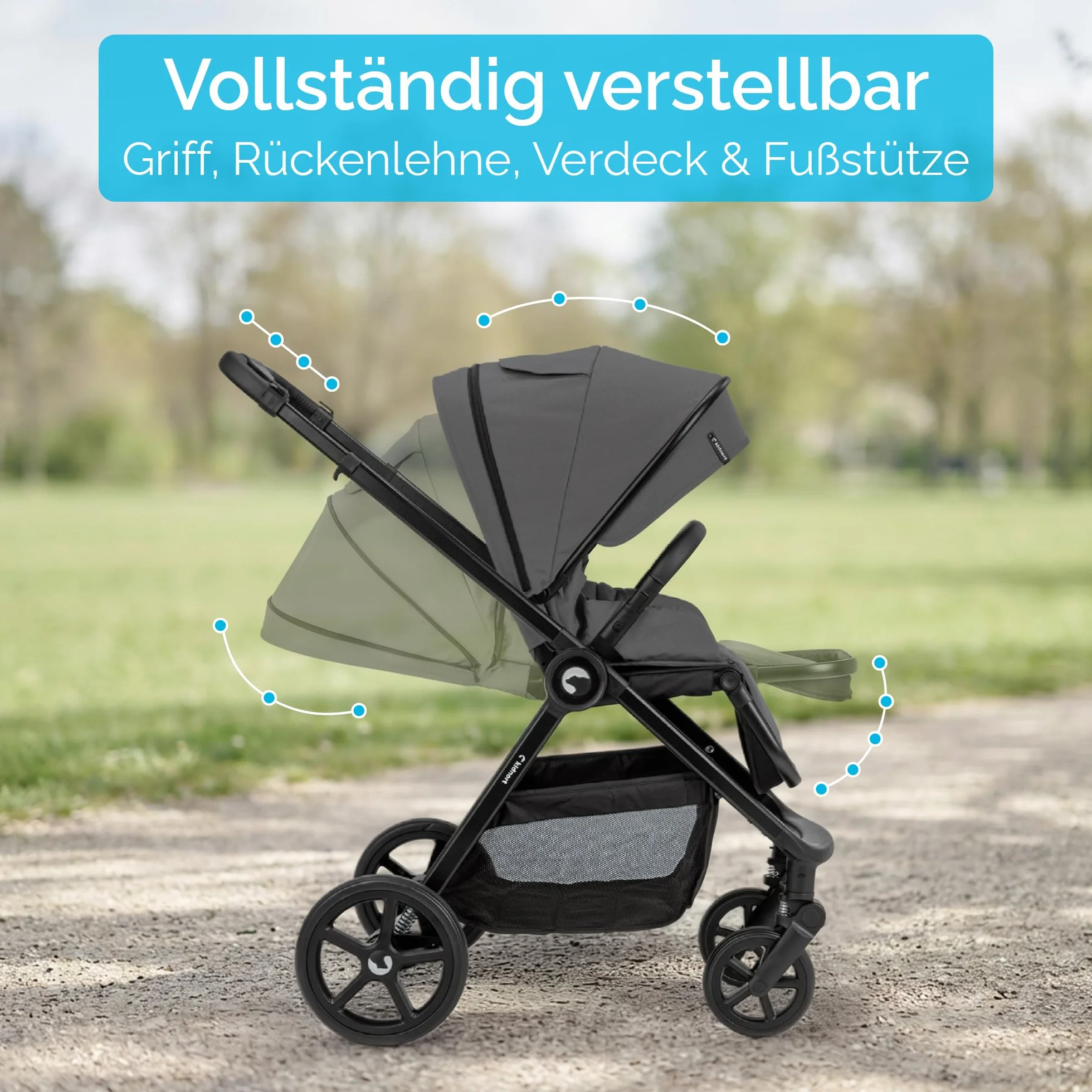 Älskar Passeggino reversibile, pieghevole, compatto, fino a 22 kg, schienale regolabile, tetto di protezione UV, cintura a 5 punti, copertura antipioggia, zanzariera, borsa grigio scuro