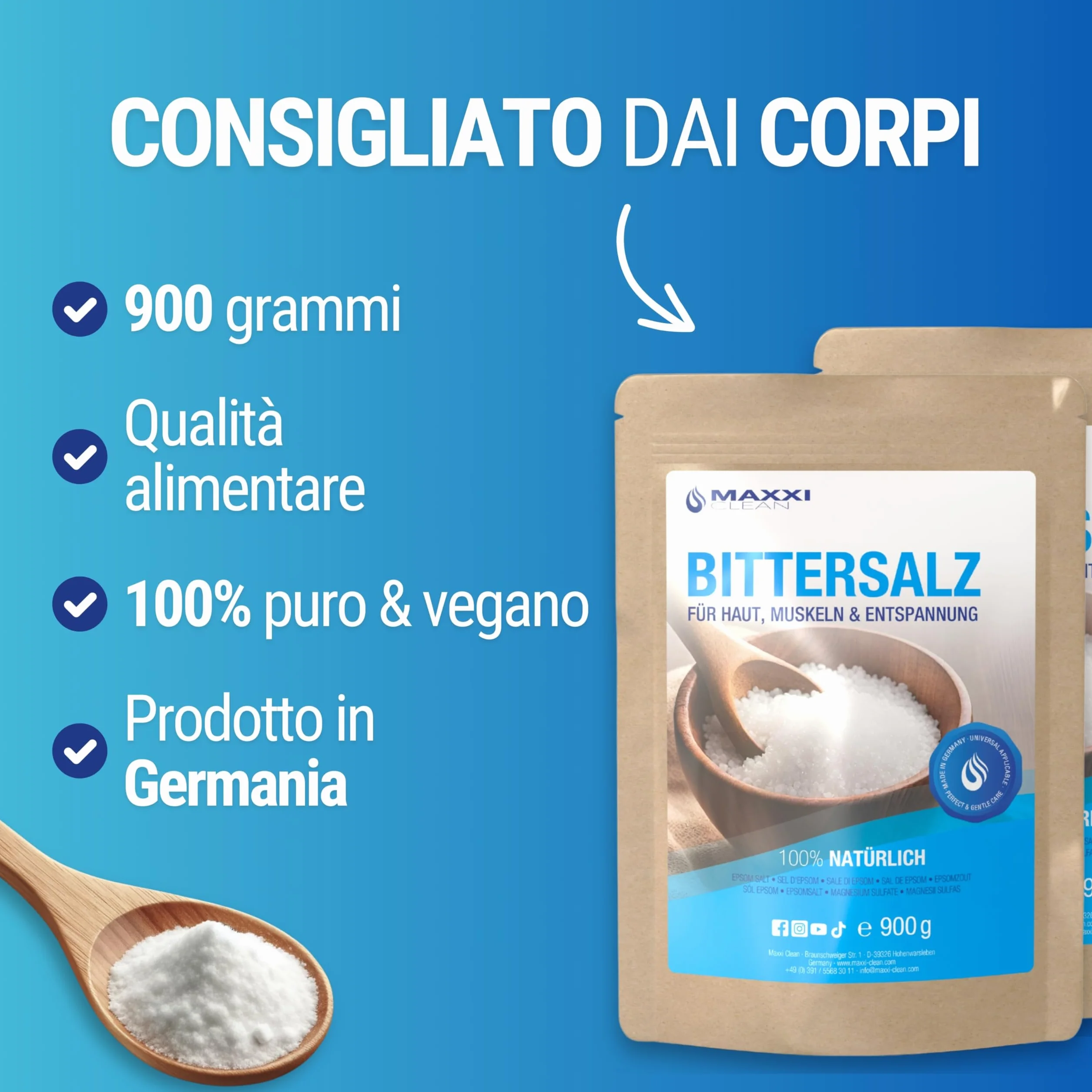 Maxxi Clean | 900 g di sale Epsom altamente puro | Sale da bagno per benessere e peeling del corpo | Solfato di magnesio per muscoli, pelle e anima | Magnesio adatto alla cura del giardino