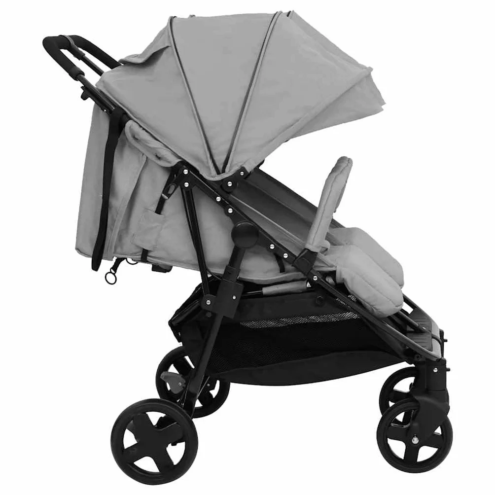 Passeggino doppio pieghevole per 2 bambini, passeggino gemellare fianco a fianco, passeggino compatto pieghevole, grigio chiaro e nero in acciaio