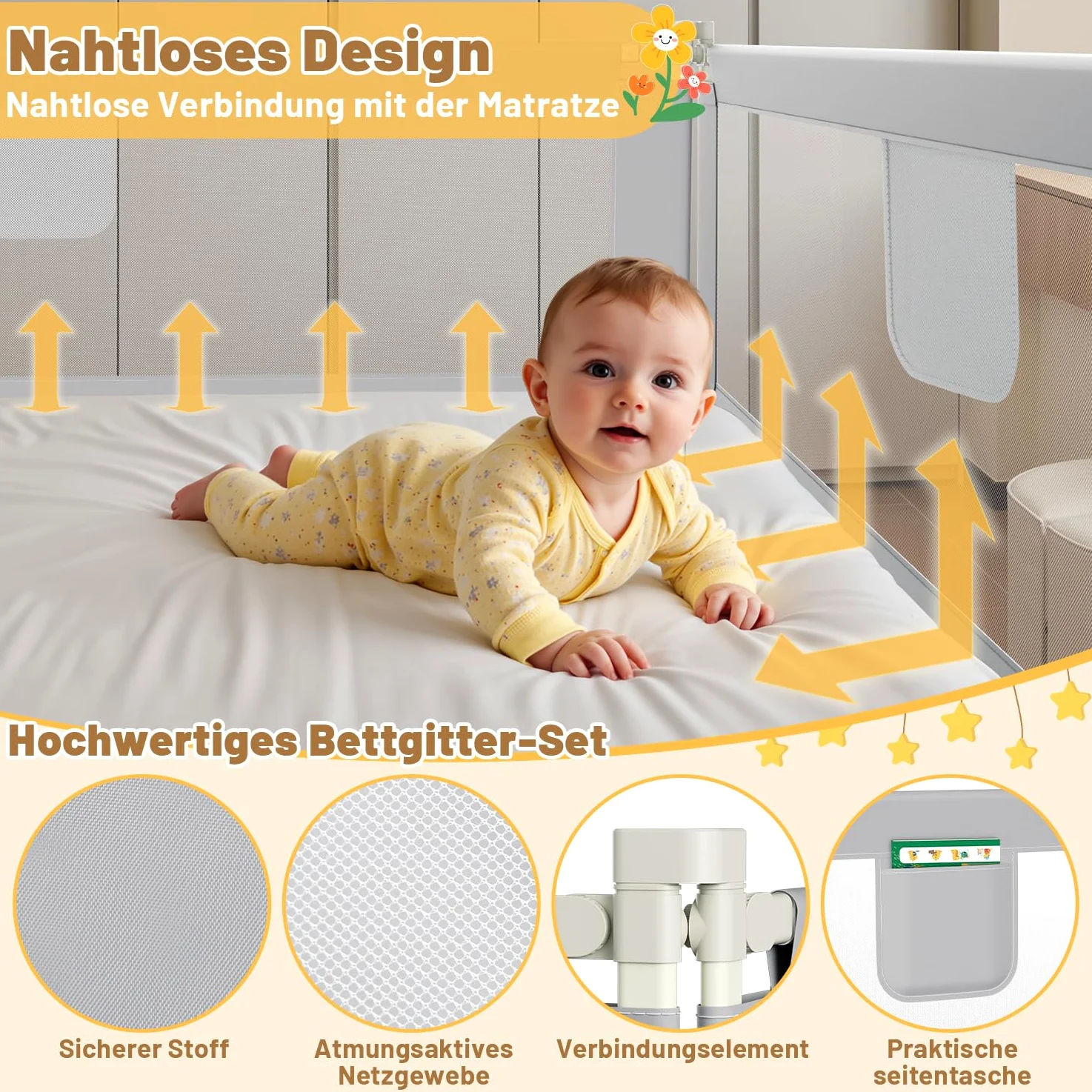 Ikodm Zanzariera per letto 180 cm x 2 + 150 cm x 1, griglia di protezione regolabile in altezza 64 – 96 cm, per neonati e bambini, con interruttore a doppio pulsante, facile da montare, grigio