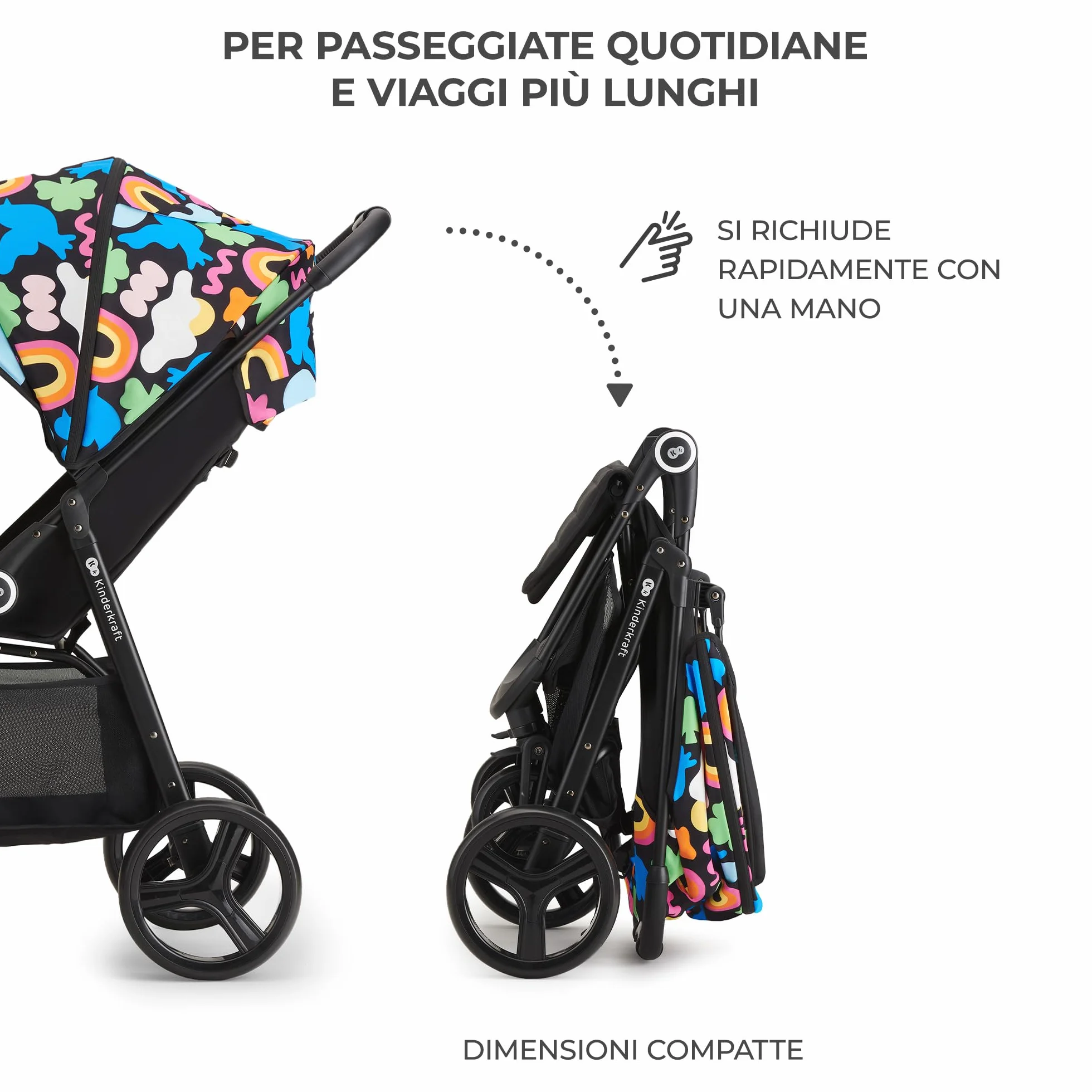 Kinderkraft GRANDE PLUS Passeggino Leggero dalla Nascita fino 22 kg, Pieghevole con una Mano, Posizione Sdraiata, L'ammortizzazione su Tutte le Ruote, Cappottina XL, Happy Shapes