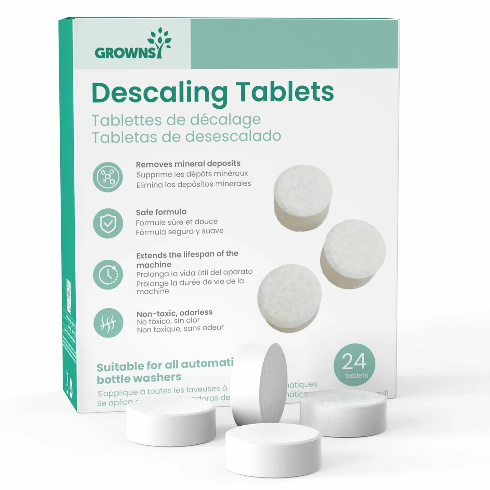 Grownsy Pastiglie Decalcificante 24 Pezzi – Tablette per Lavabiberon, Sterilizzatori e Scaldabiberon, Rimuove Calcare e Residui, Pulizia Rapida e Facile