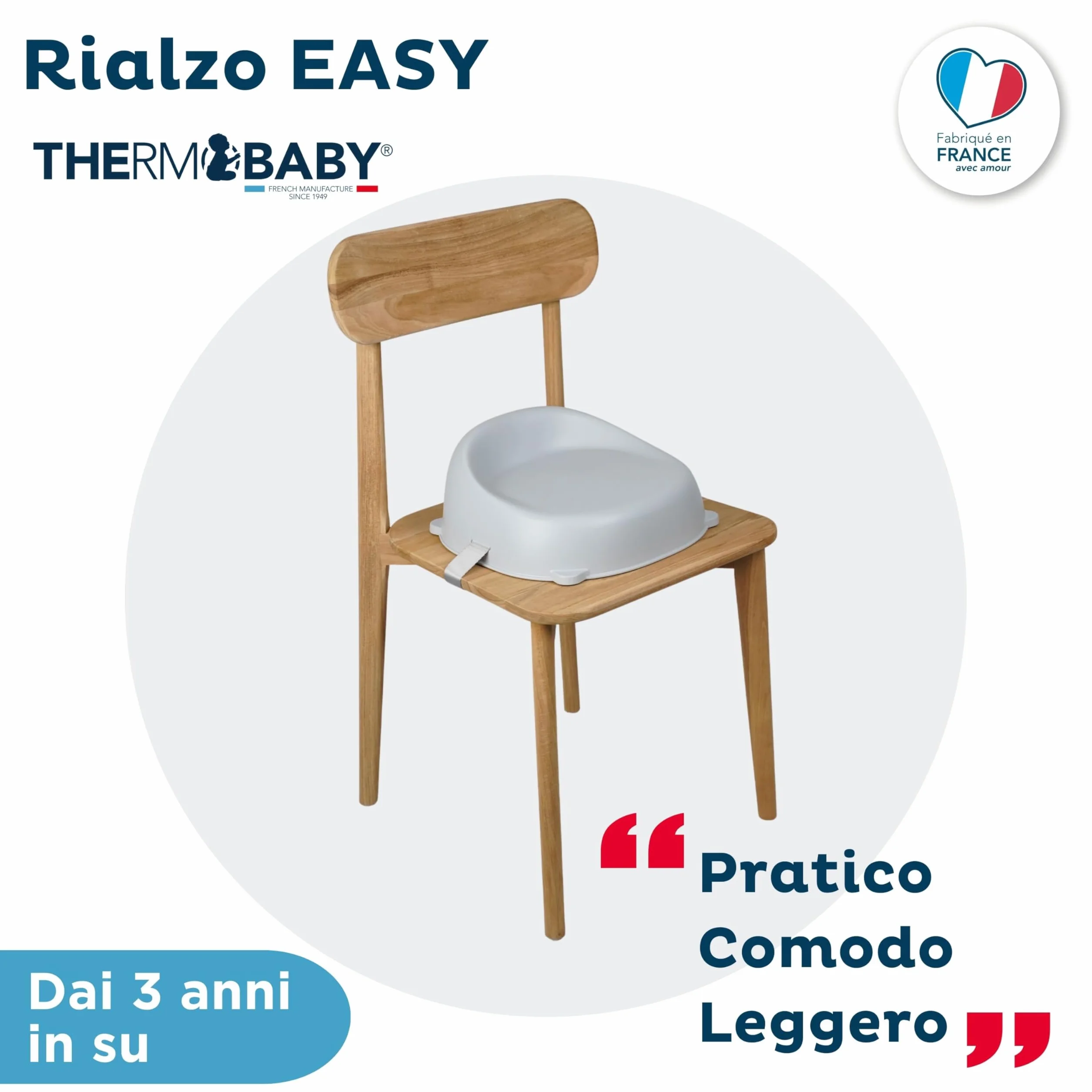 THERMOBABY - Rialzo per sedia EASY - Rialzo - Dai 3 ai 6 anni (o fino a 30 kg) - Confortevole - Leggero e Trasportabile - Facile da installare - Grigio Charme - Made in France