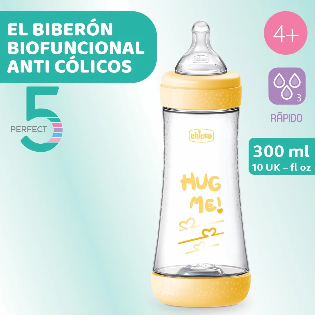 Chicco Perfect 5 Flacone Anti-Colic Flacone da 300 ml a flusso rapido, per neonati 4 m +, tettarella in silicone, borraccia da 300 ml con sistema Intui-Flow