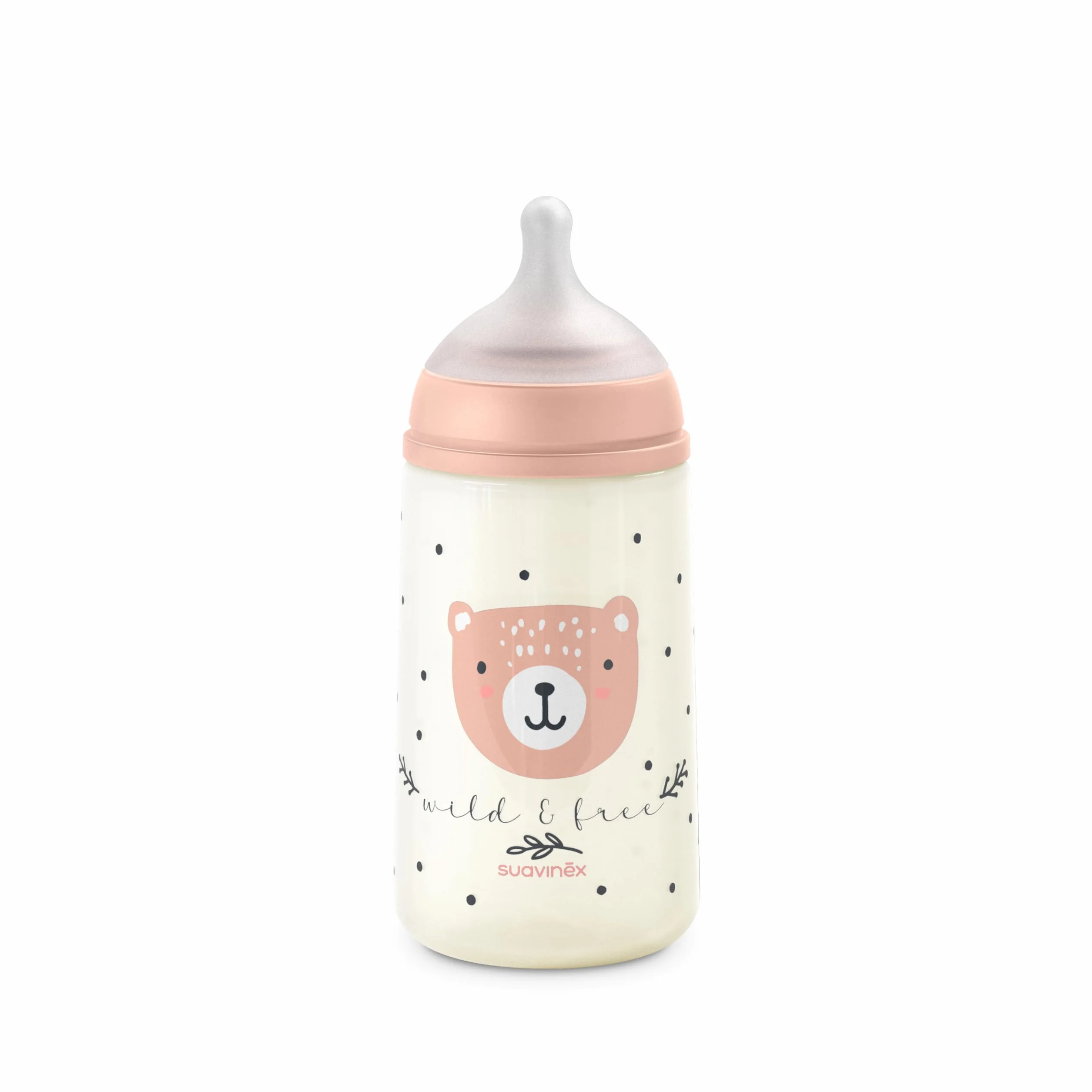 Suavinex, Biberon da 270 ml con Tettarella Fisiologica SX Pro in Silicone con Valvola Anticolica, Flusso Medio (M), per Liquidi a Densità Media, Latte, Succhi o Acqua. Neonati +3 Mesi. Wild&Free Rosa