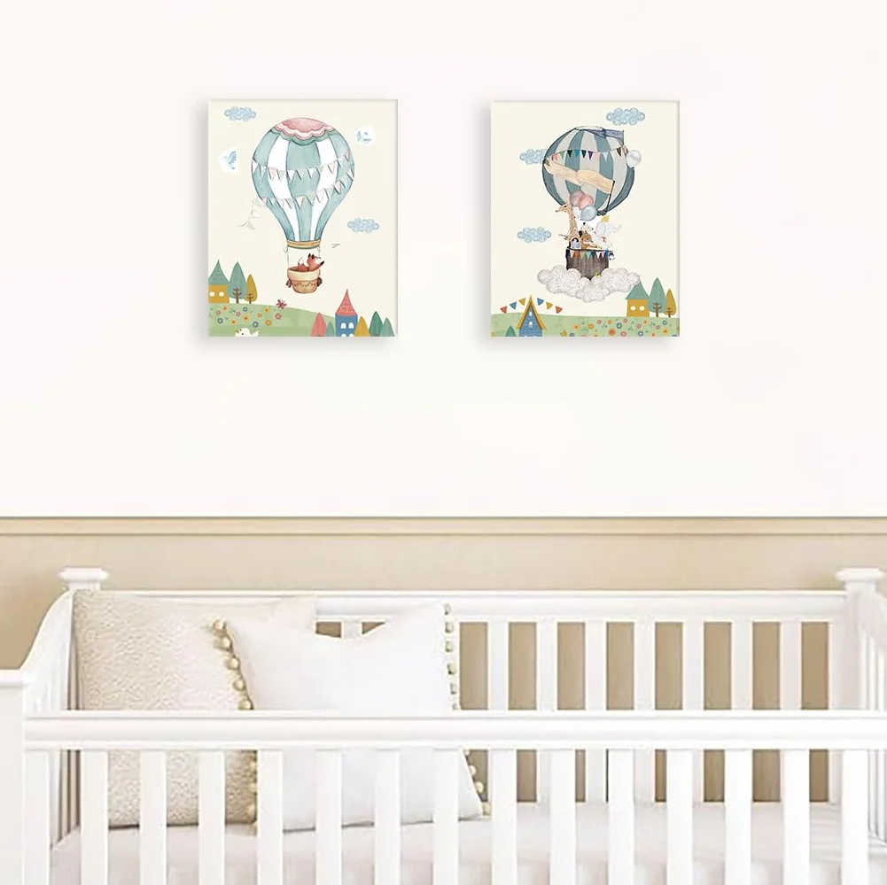 KAIRNE Set di 4 poster con animali, per la cameretta dei bambini, con cornice (20 x 25 cm), con mongolfiera, immagini da parete per la cameretta dei bambini, decorazione per la giungla e gli animali