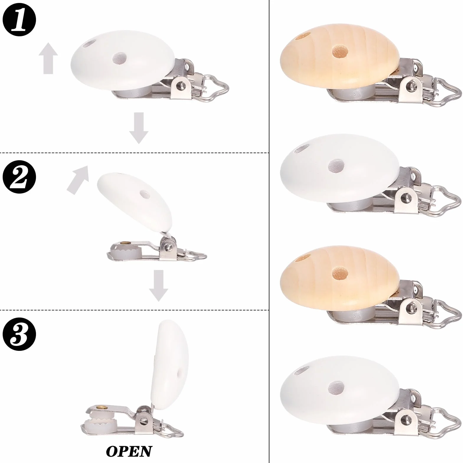 15 pezzi giocattolo di pinze per capezzoli in legno di faggio naturale, attacco per ciuccio, pinze per ciuccio fai da te, portaciuccio in legno per dentizione, colore: bianco
