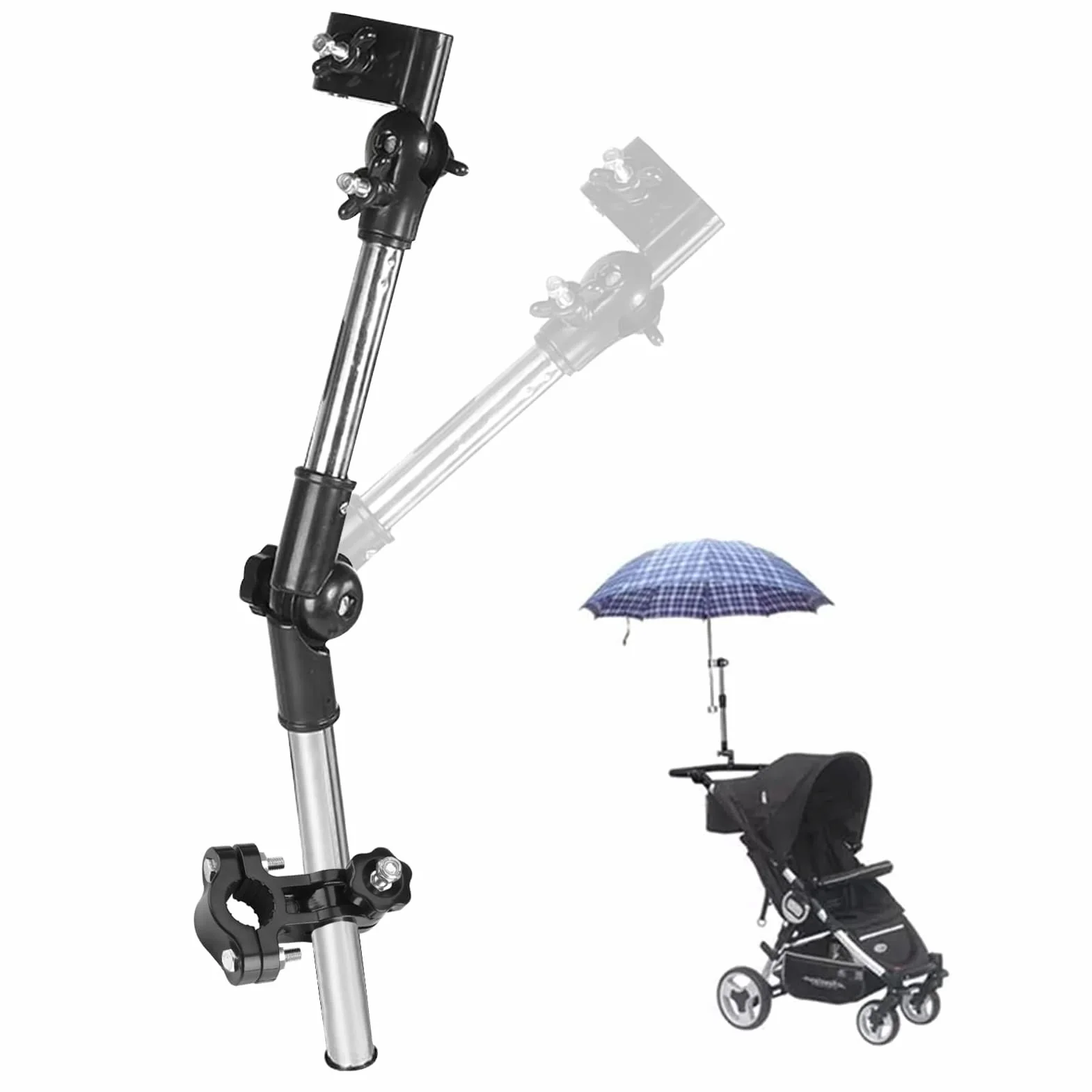 Ombrellino per Passeggino, Regolabile 360 ° Bicicletta Portaombrelli Morsettogancio Gancio Passeggino Parasole Passeggino per Ombrello Passeggino Carrozzina Bicicletta Walker(Nero)